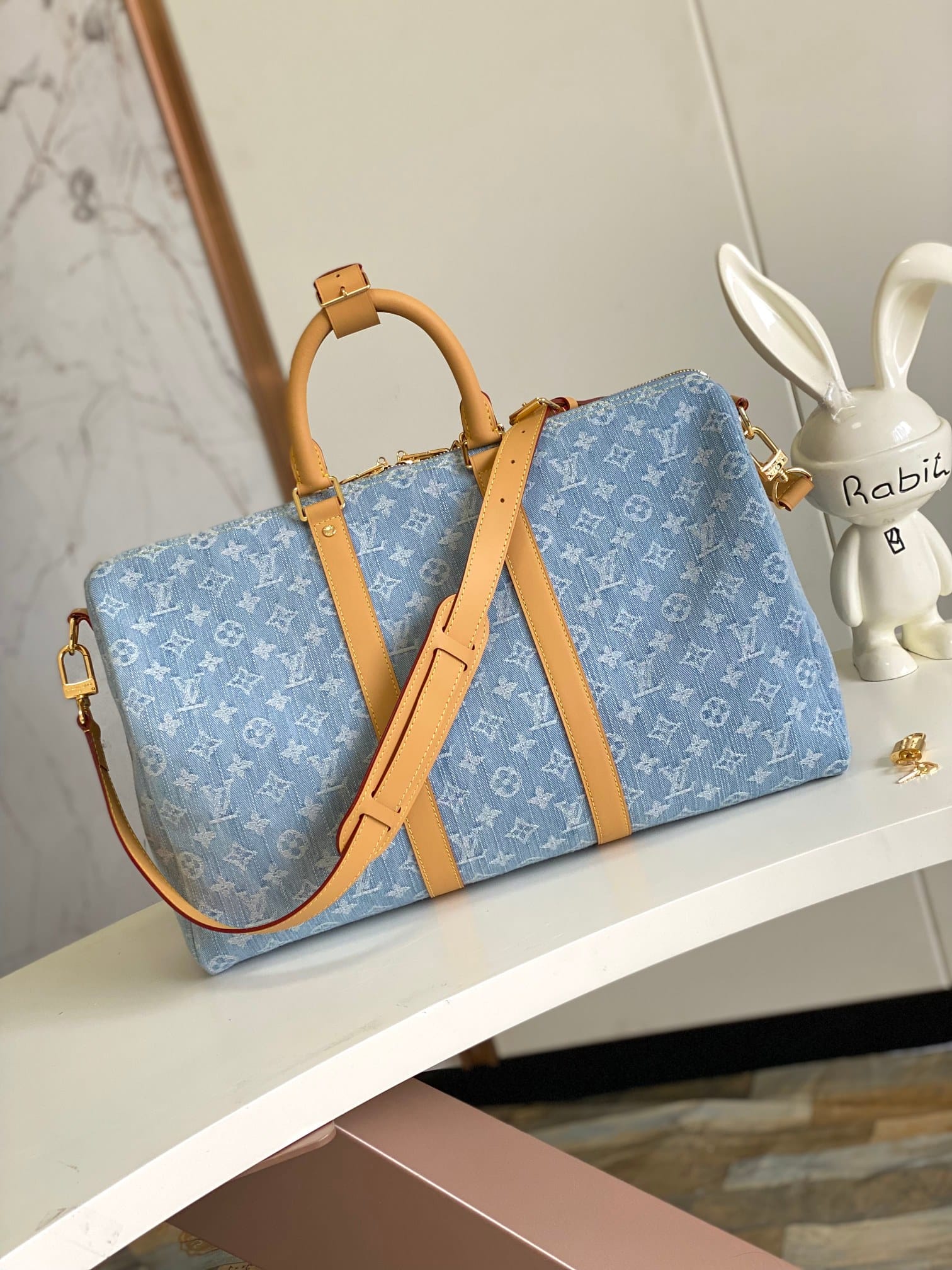 Louis Vuitton Keepall Bandoulière 45 Bag in Monogram Denim - Sky Blue Denim