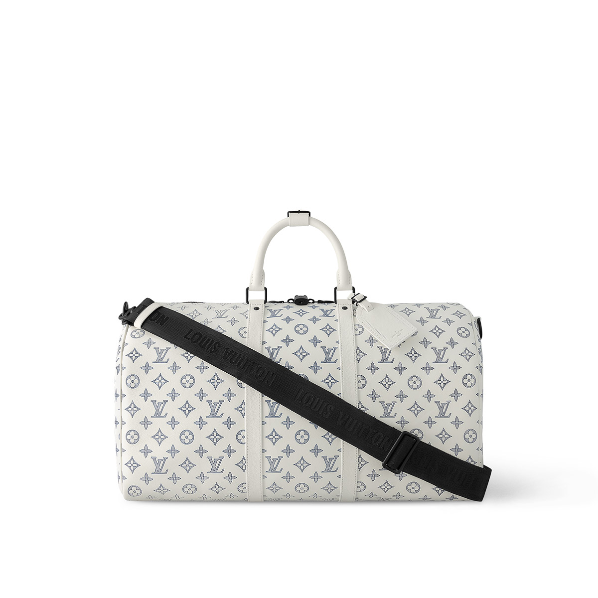 Louis Vuitton Keepall Bandoulière 50 Bag in Monogram Shadow Leather - White/Navy Blue