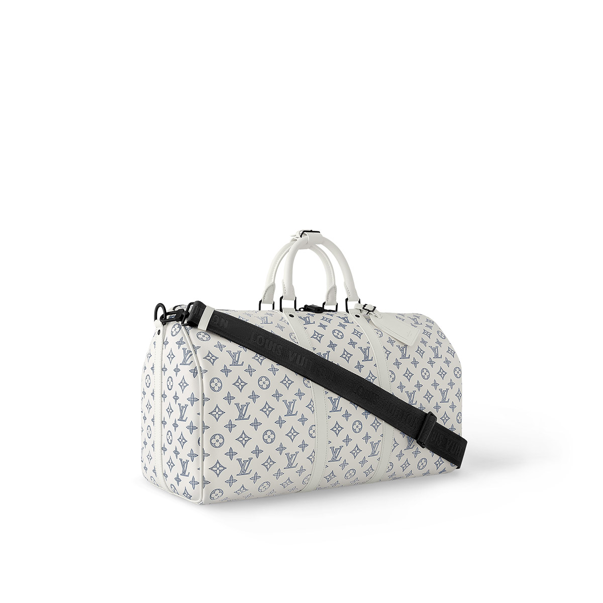 Louis Vuitton Keepall Bandoulière 50 Bag in Monogram Shadow Leather - White/Navy Blue