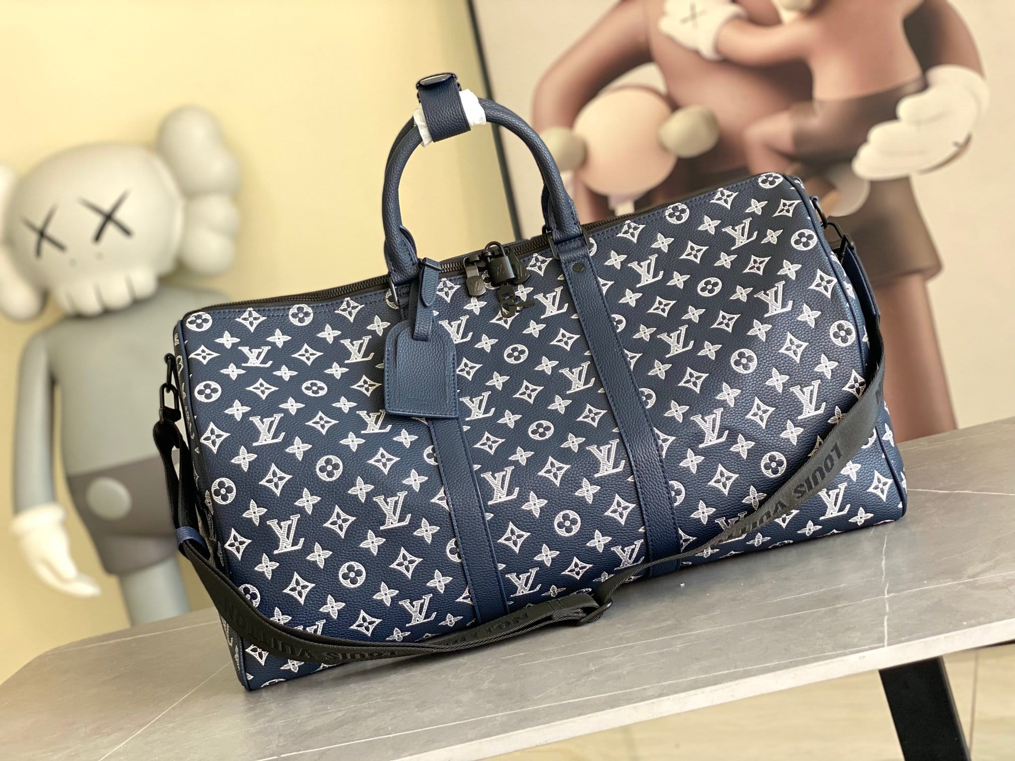 Louis Vuitton Keepall Bandoulière 50 Bag in Monogram Shadow Leather - Ink Blue/White