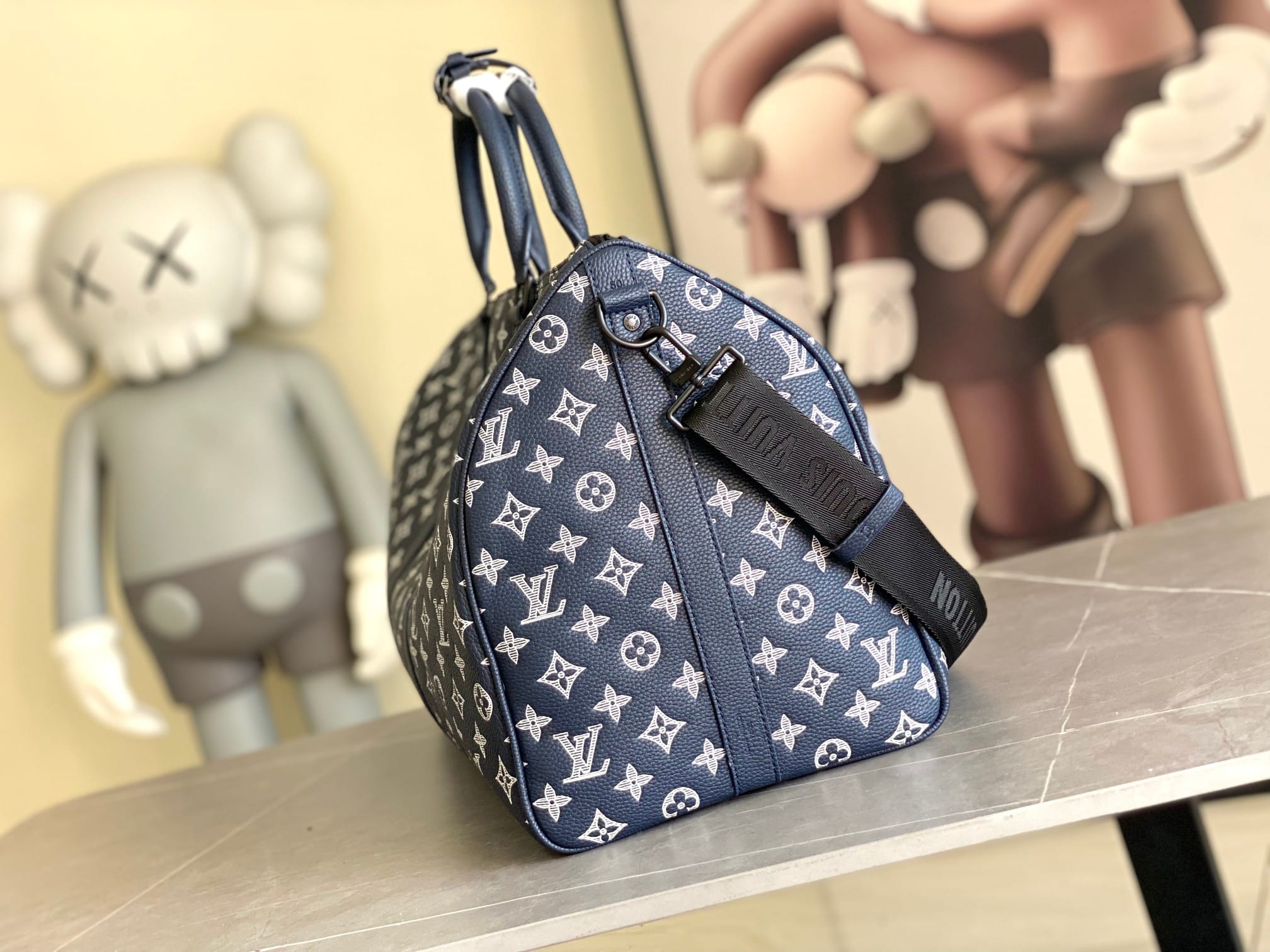 Louis Vuitton Keepall Bandoulière 50 Bag in Monogram Shadow Leather - Ink Blue/White