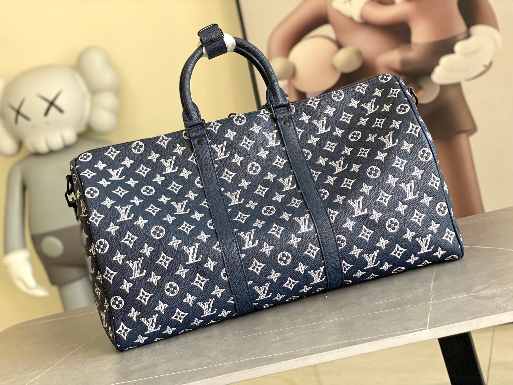 Louis Vuitton Keepall Bandoulière 50 Bag in Monogram Shadow Leather - Ink Blue/White