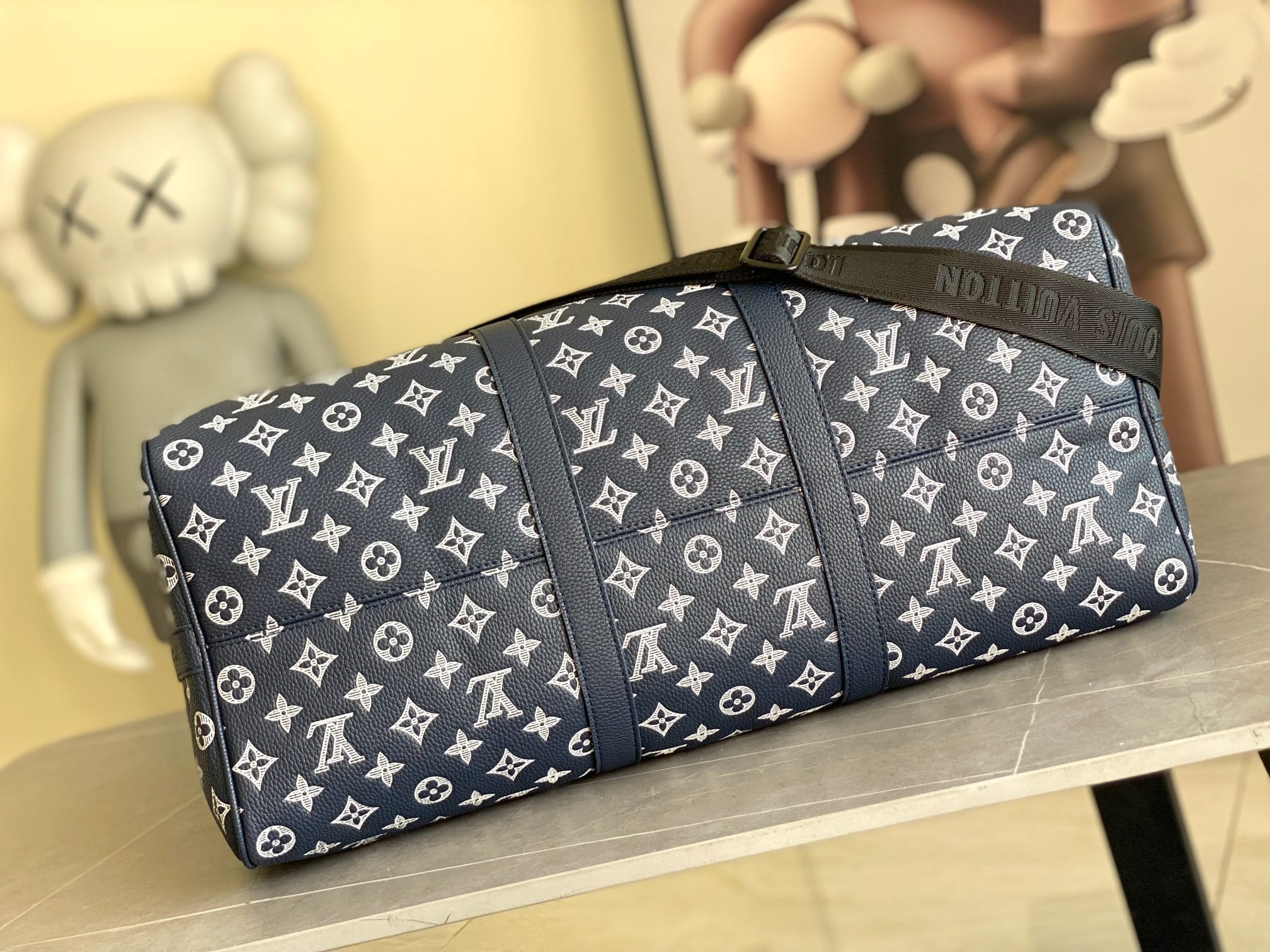 Louis Vuitton Keepall Bandoulière 50 Bag in Monogram Shadow Leather - Ink Blue/White