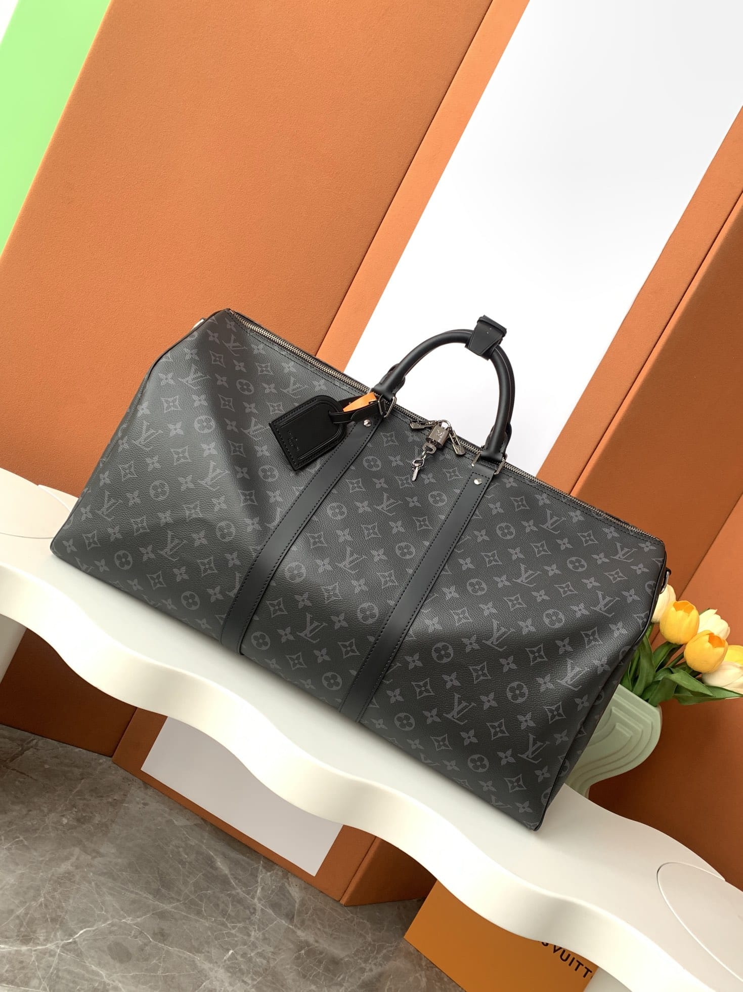 Louis Vuitton Keepall Bandoulière 55 Bag in Monogram Eclipse - Black