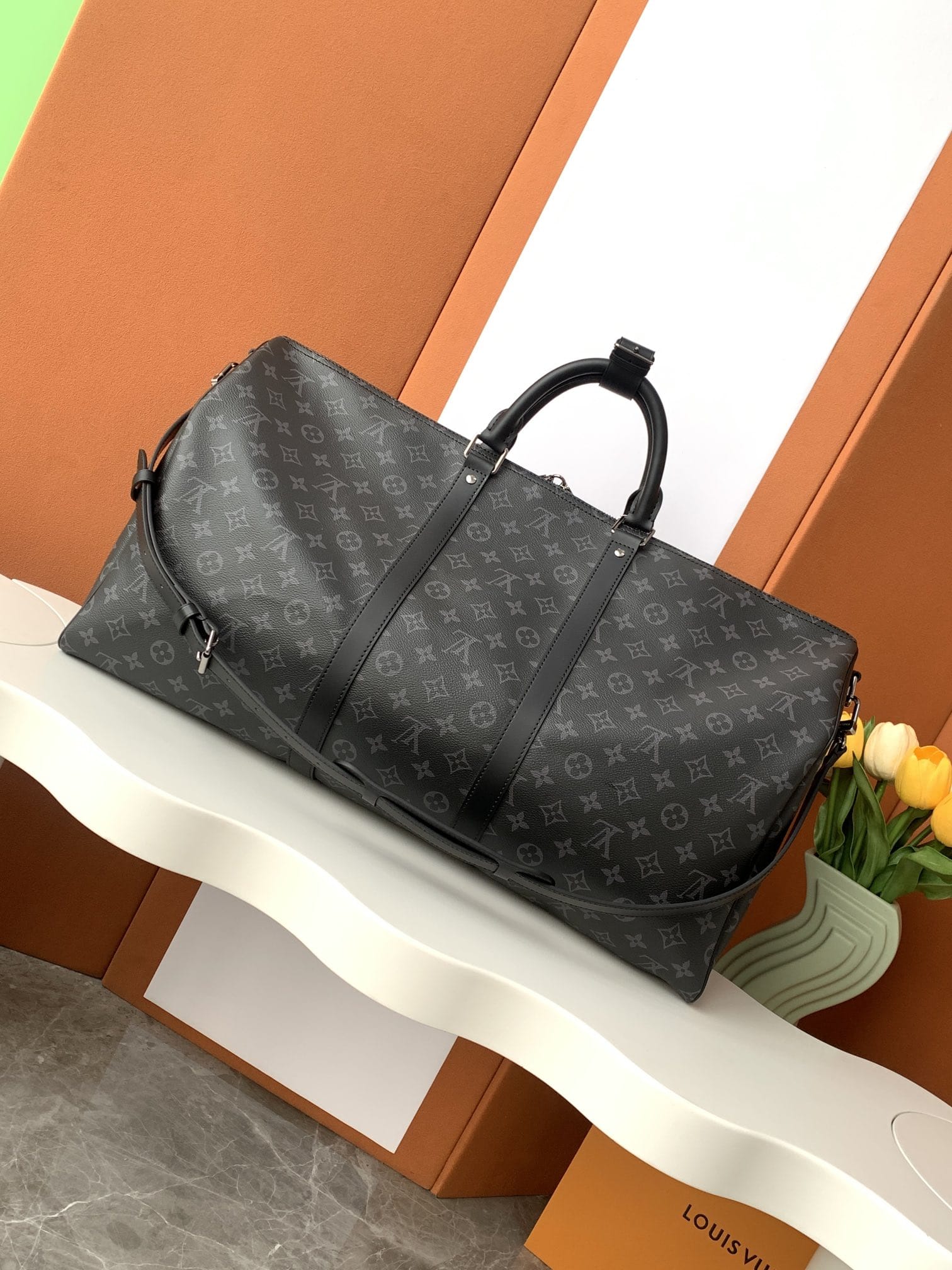 Louis Vuitton Keepall Bandoulière 55 Bag in Monogram Eclipse - Black