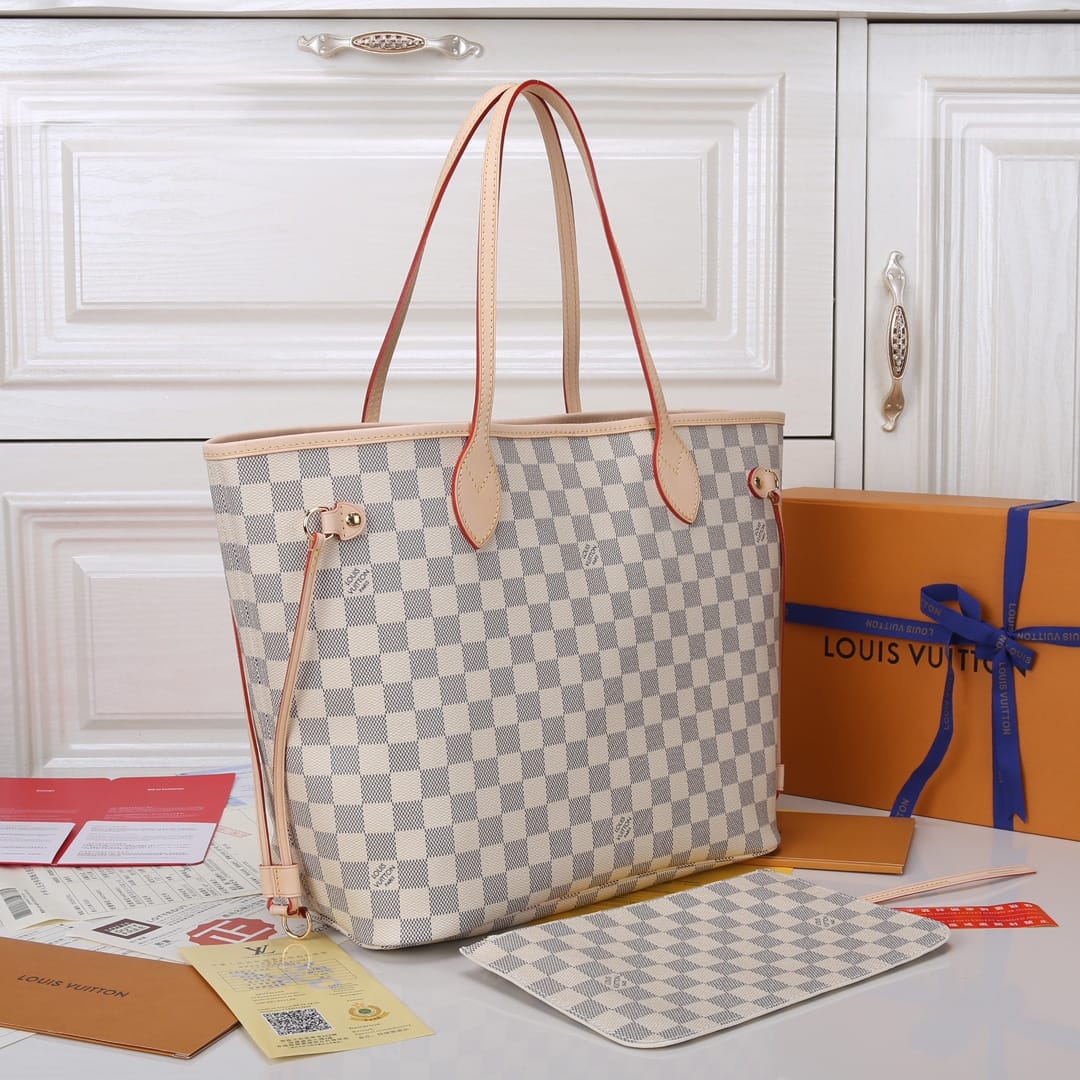 Louis Vuitton Neverfull MM Tote Bag in Damier Azur Canvas - Beige