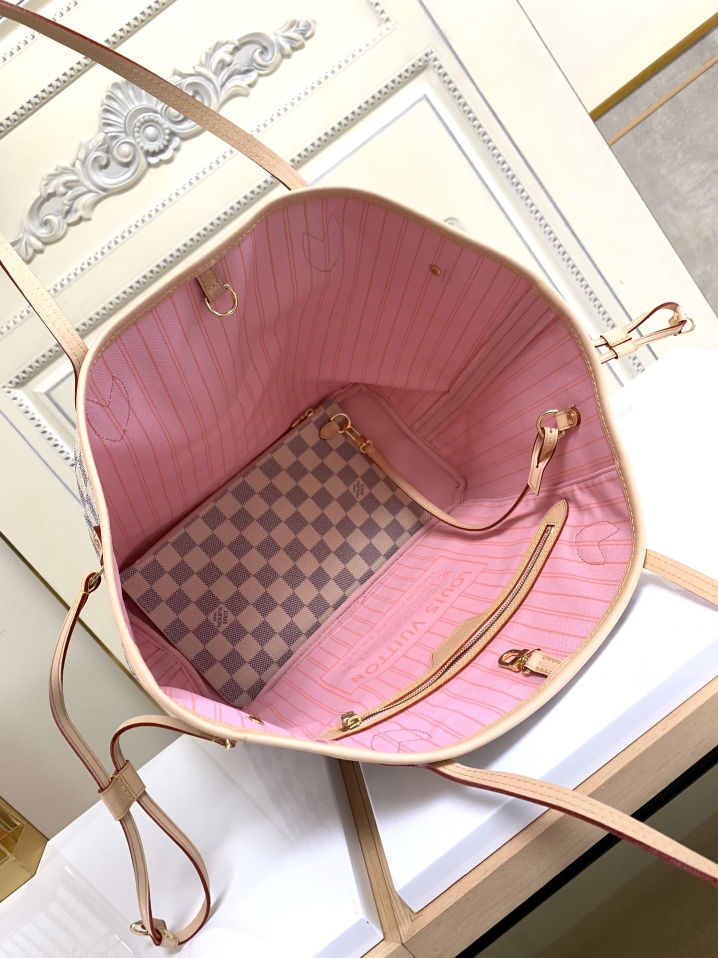 Louis Vuitton Neverfull MM Tote Bag in Damier Azur Canvas - Pink