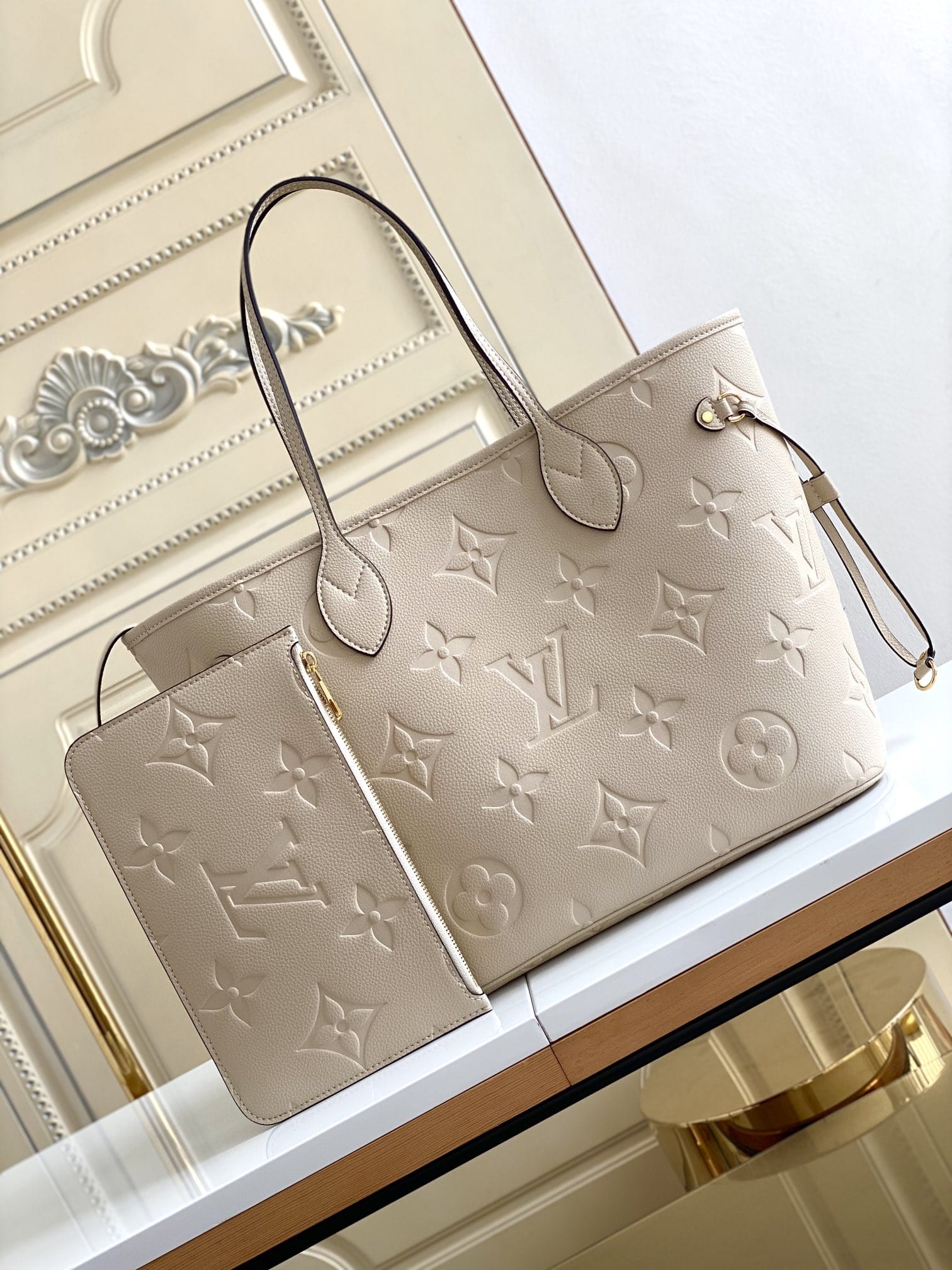 Louis Vuitton Neverfull MM Tote Bag in Monogram Empreinte Leather - Beige