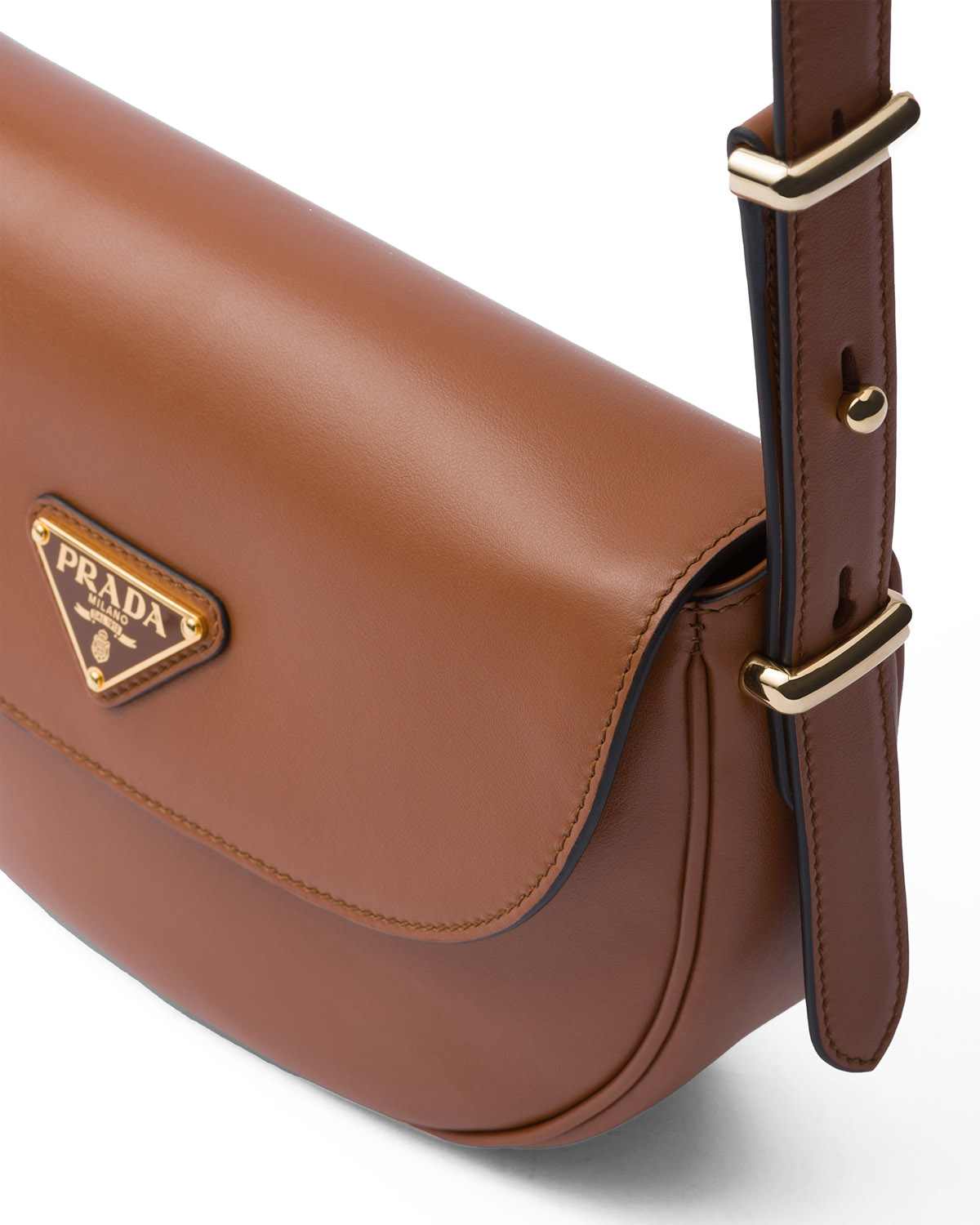 Prada Arqué Leather Shoulder Bag with Flap - Cognac