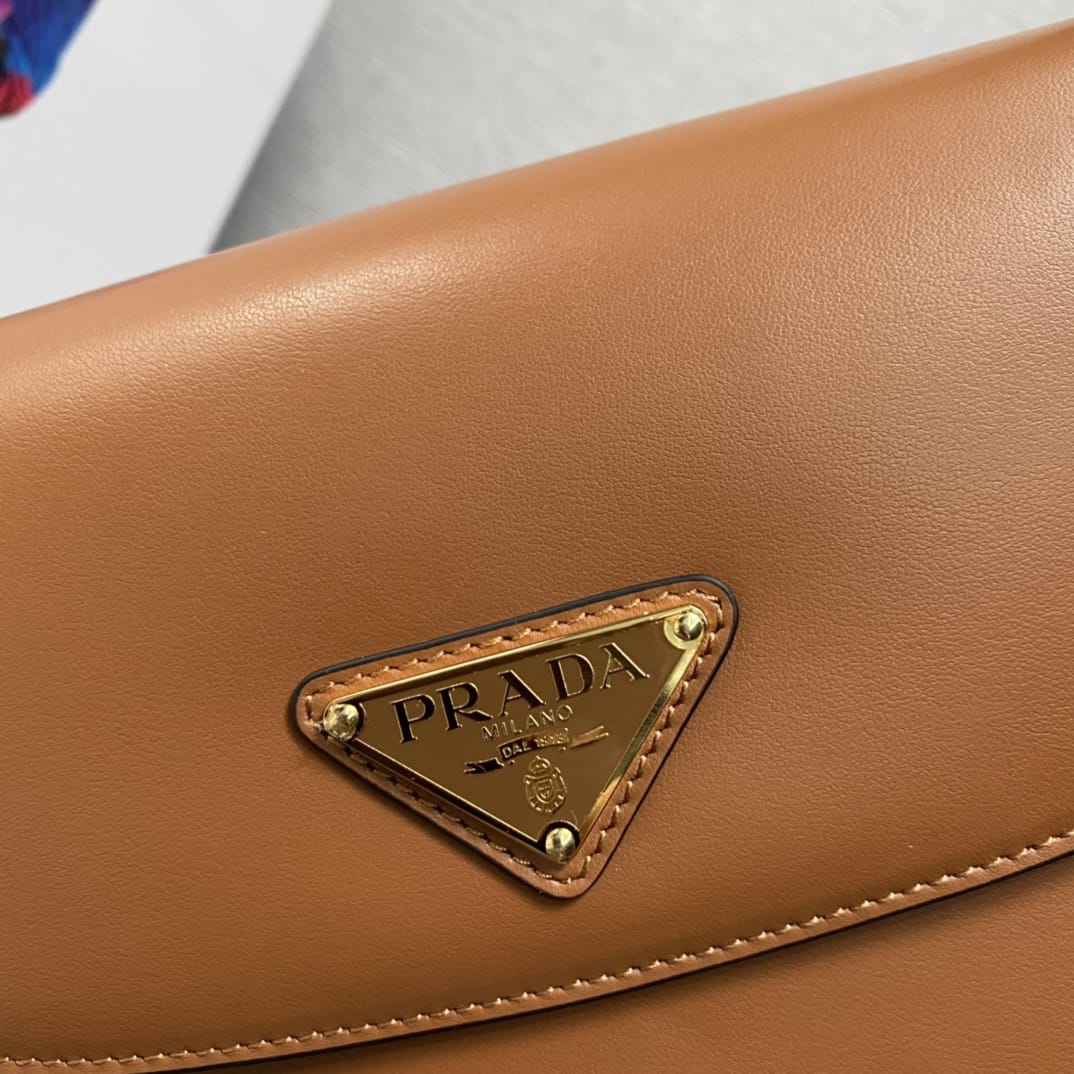 Prada Arqué Leather Shoulder Bag with Flap - Cognac