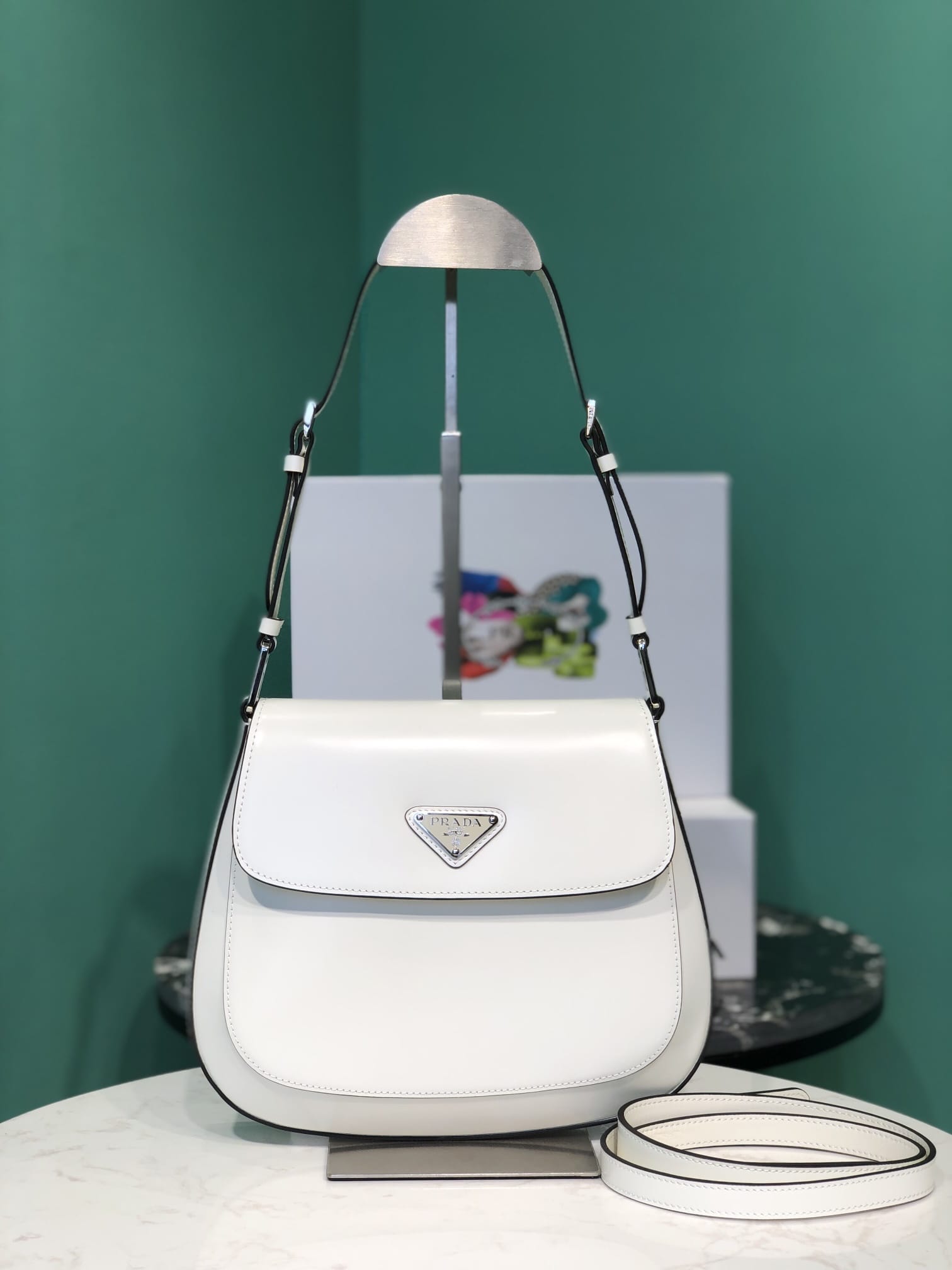 Prada Cleo Medium Leather Shoulder Bag with Flap - White