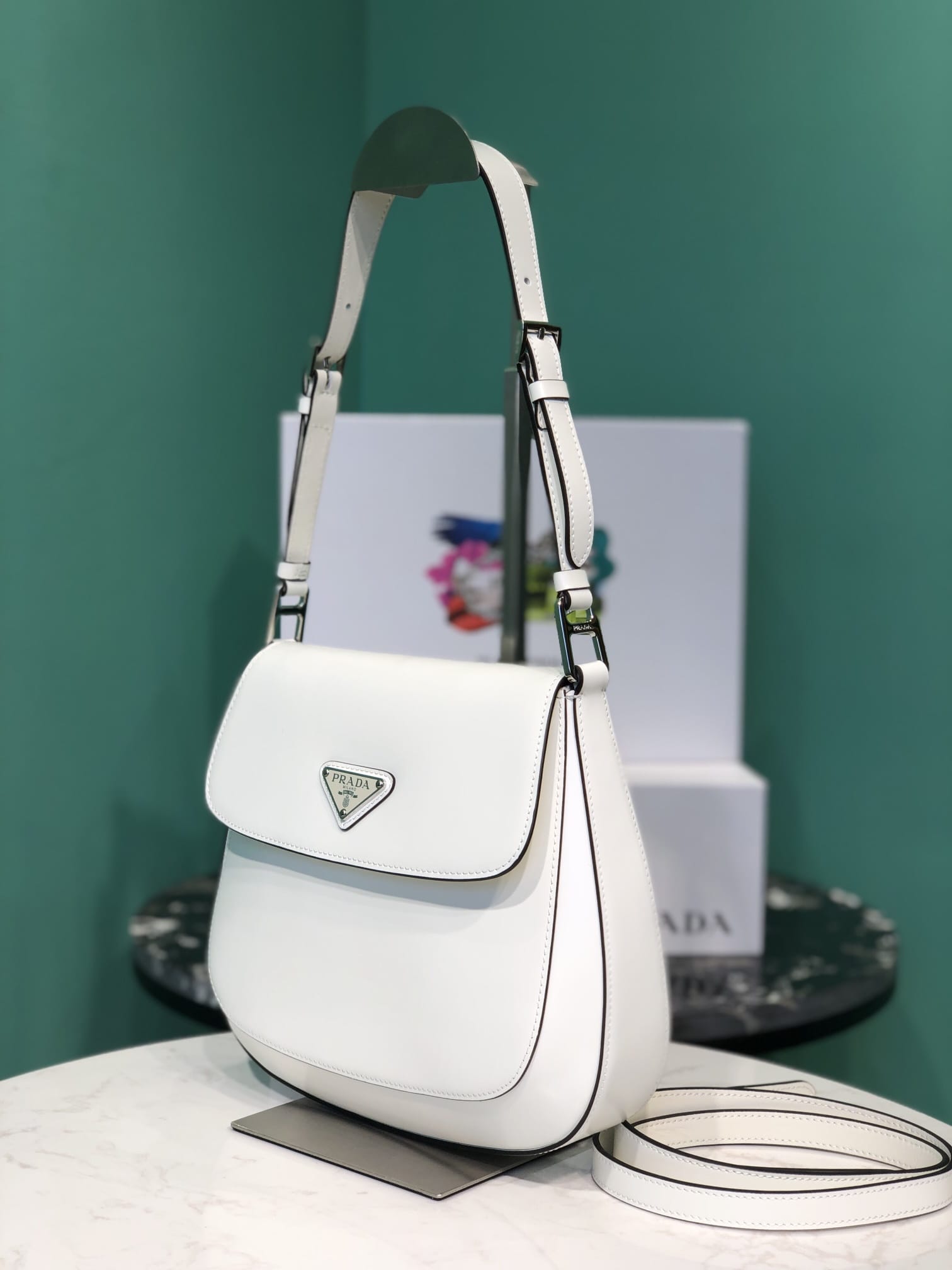 Prada Cleo Medium Leather Shoulder Bag with Flap - White