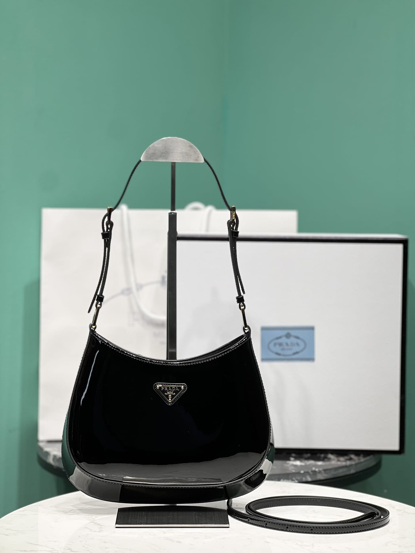 Prada Cleo Patent Leather Shoulder Bag - Black