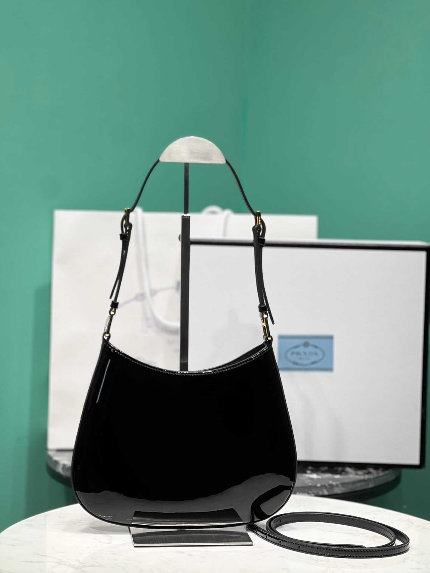 Prada Cleo Patent Leather Shoulder Bag - Black