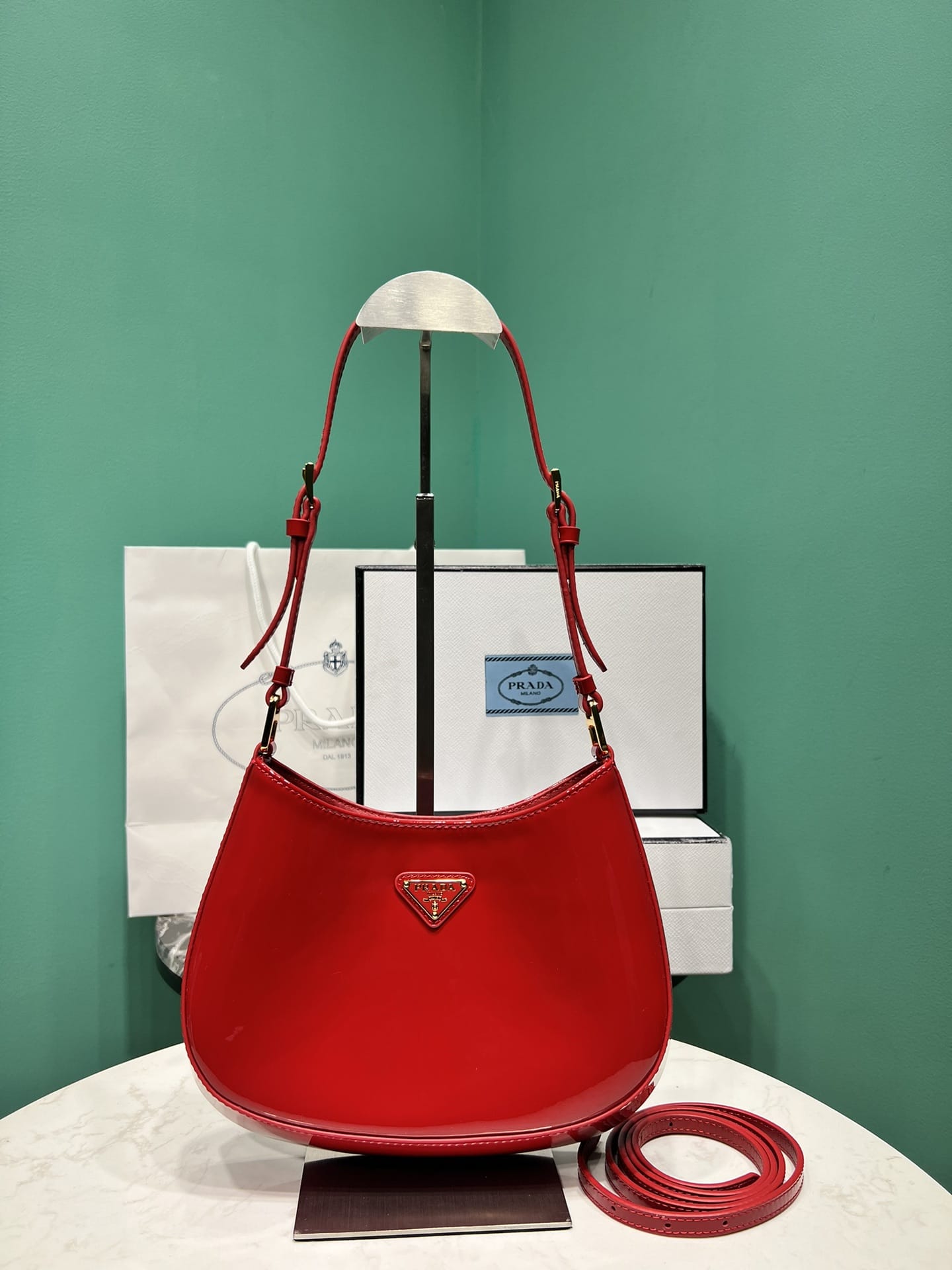 Prada Cleo Patent Leather Shoulder Bag - Cherry Red