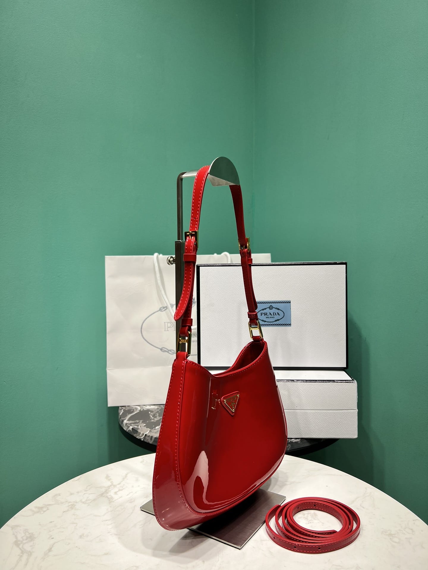 Prada Cleo Patent Leather Shoulder Bag - Cherry Red