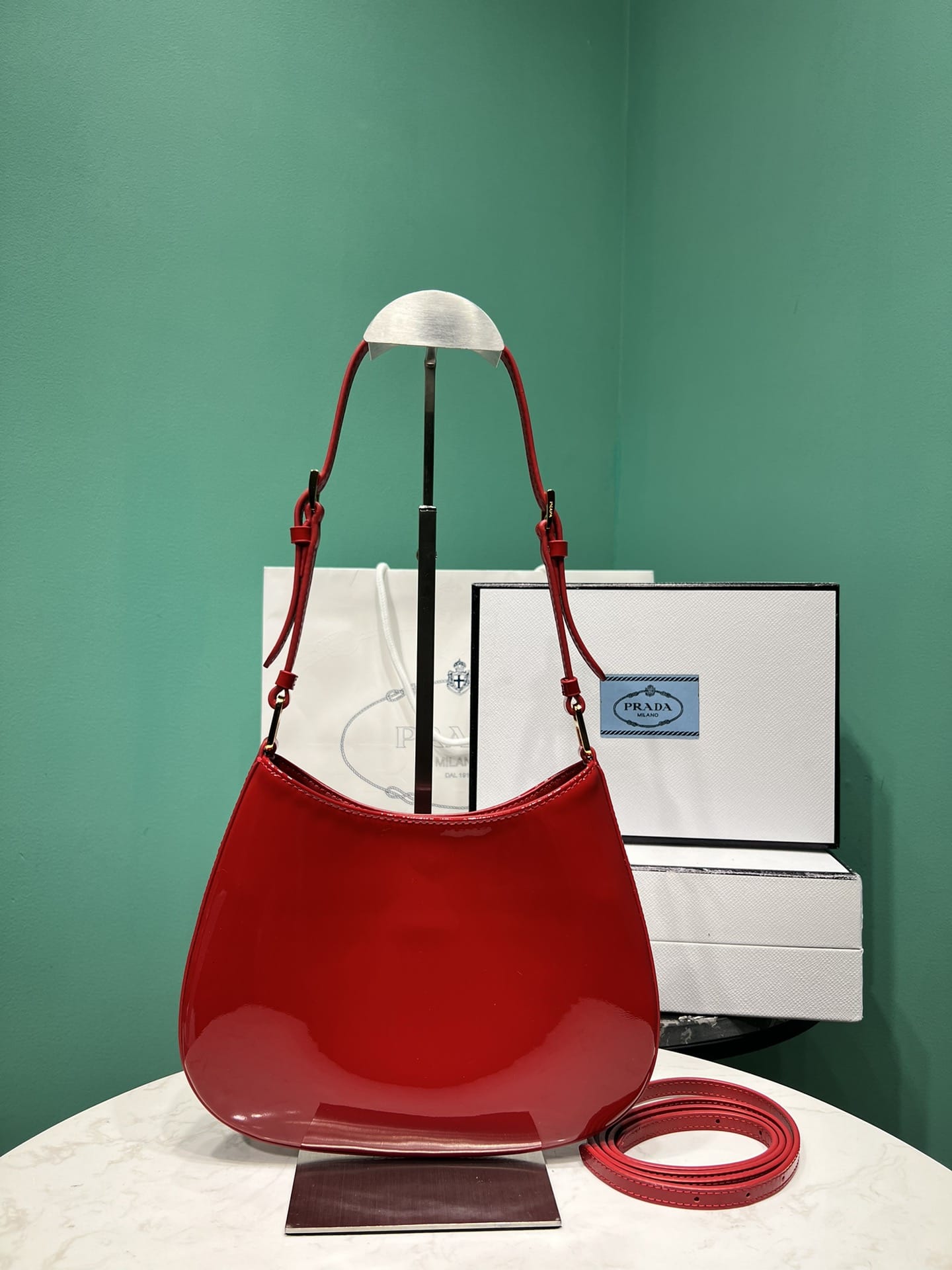 Prada Cleo Patent Leather Shoulder Bag - Cherry Red