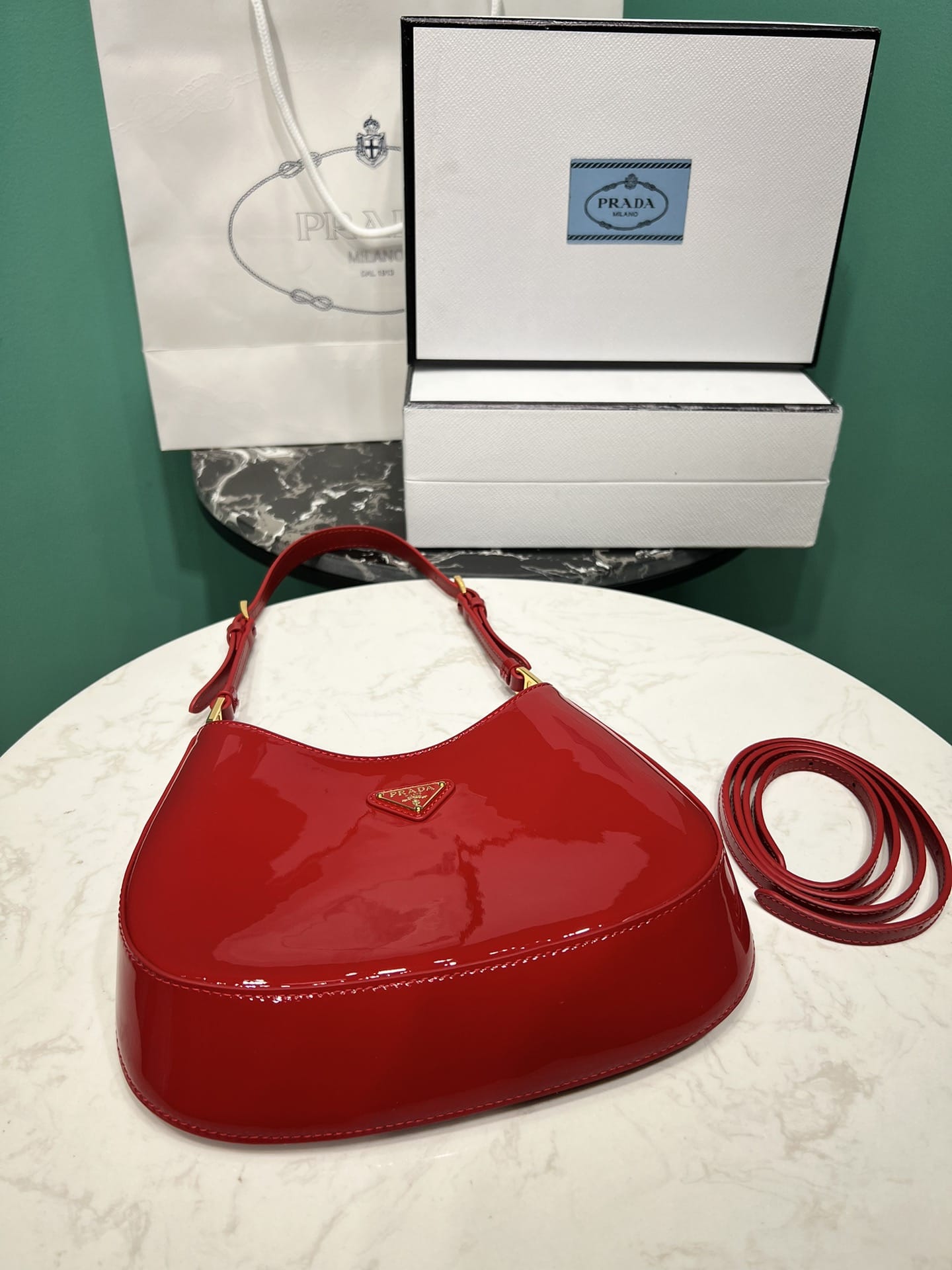 Prada Cleo Patent Leather Shoulder Bag - Cherry Red