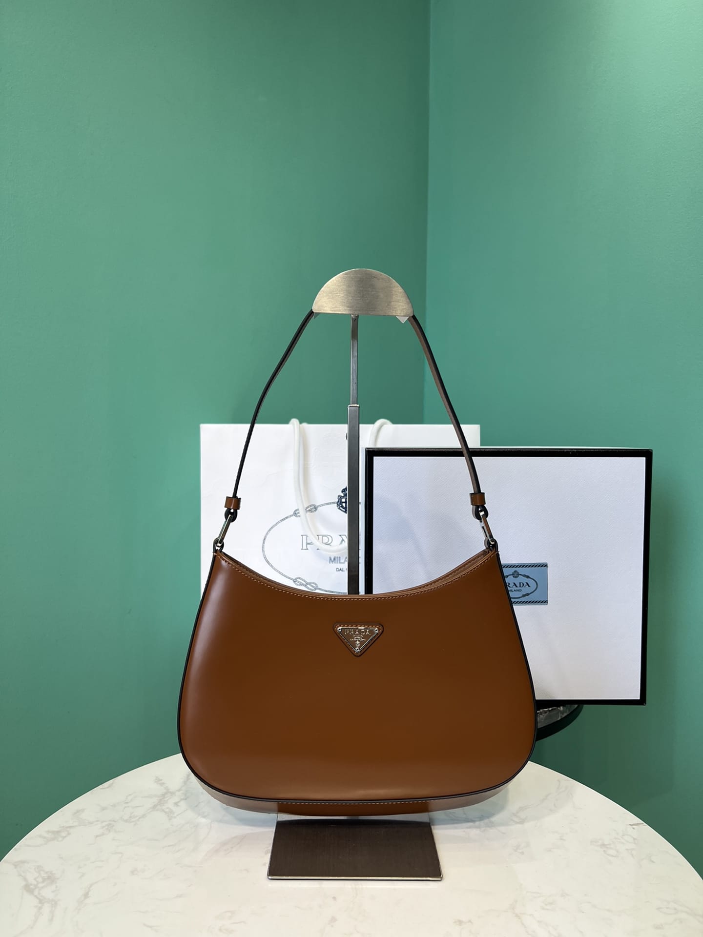 Prada Cleo Leather Shoulder Bag - Cognac