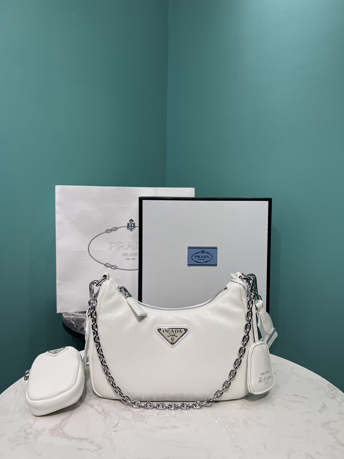 Prada Re-Edition 2005 Padded Nappa Leather Shoulder Bag - White