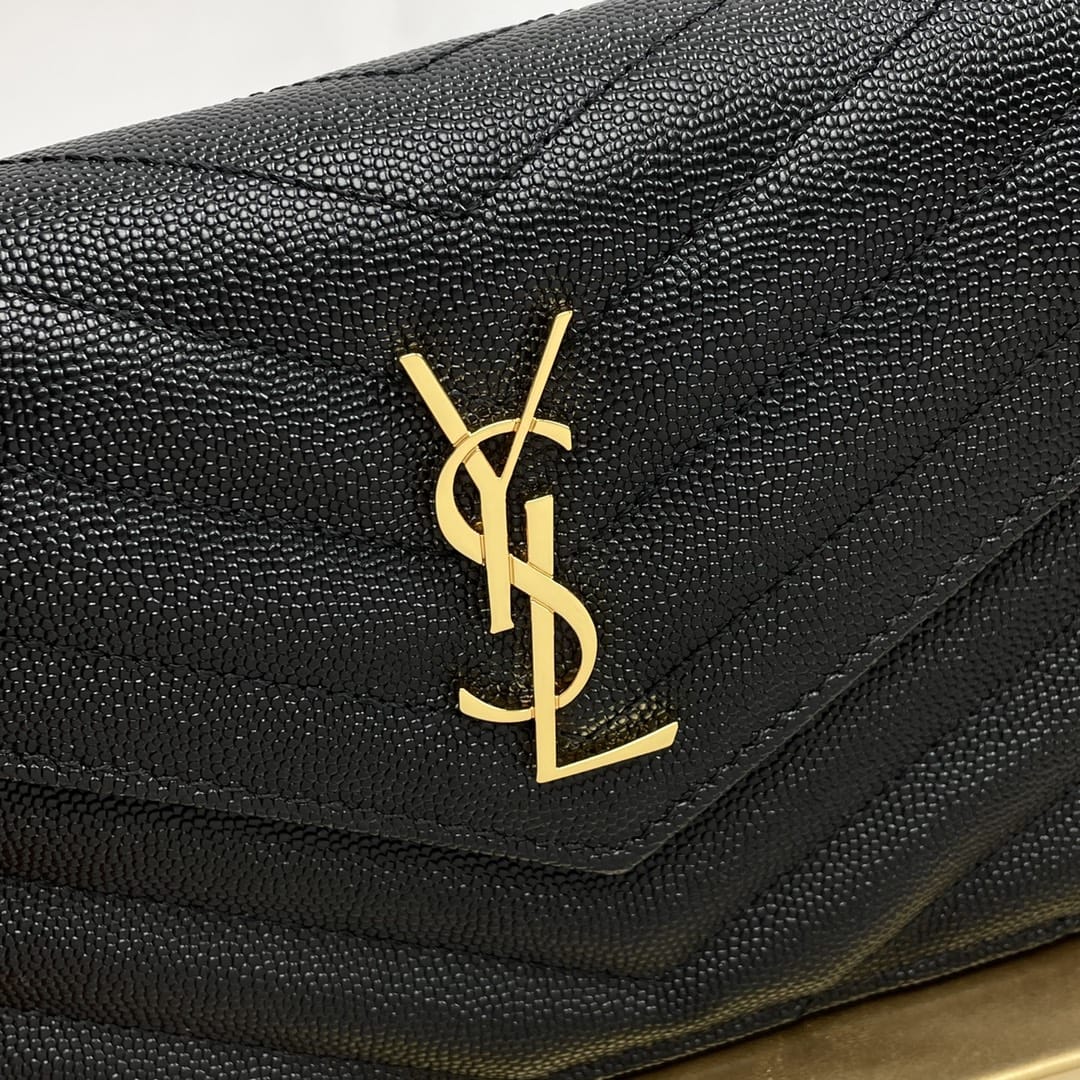 Saint Laurent Cassandre Envelope Chain Wallet In Grain De Poudre Leather - Black & Gold