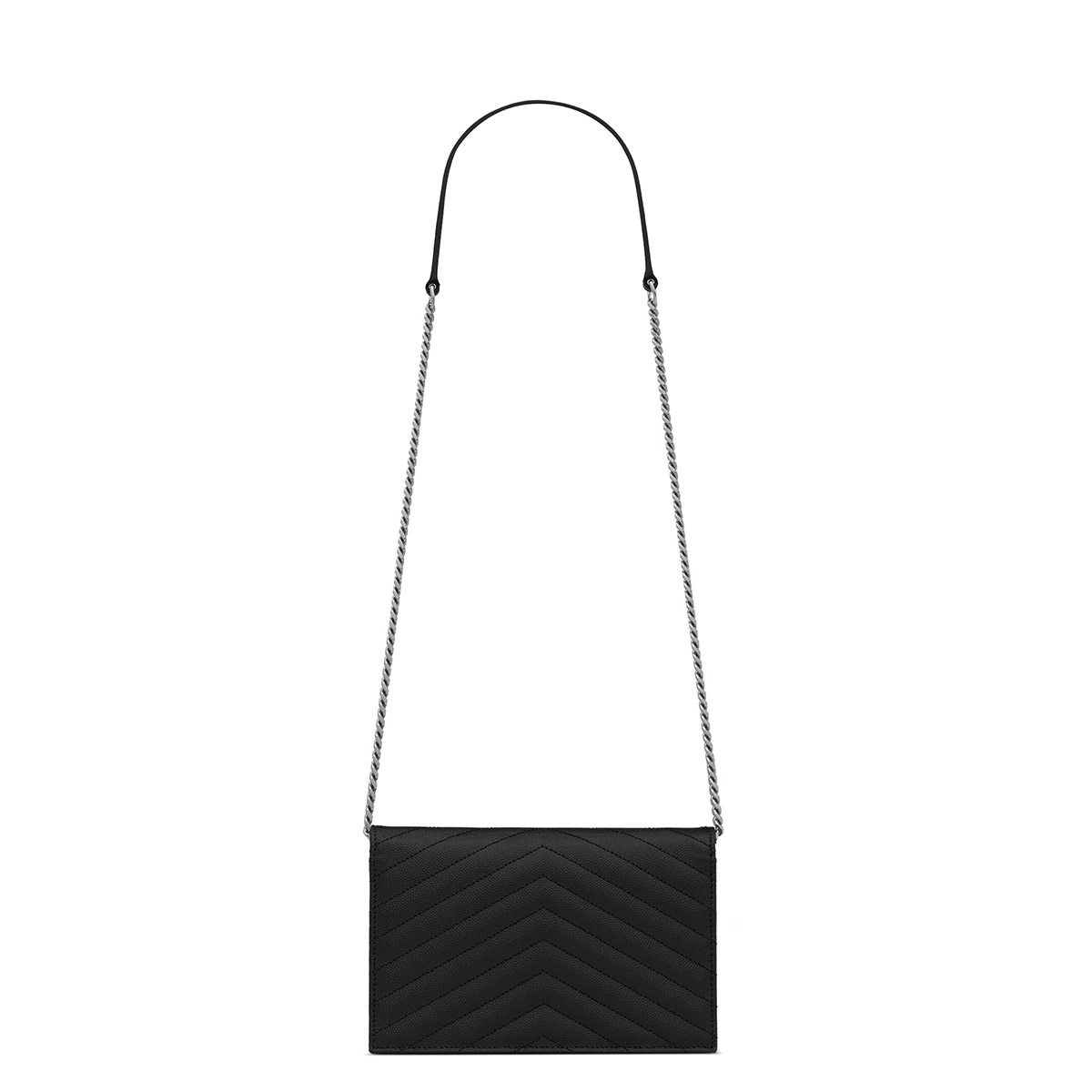 Saint Laurent Cassandre Envelope Chain Wallet In Grain De Poudre Leather - Black & Silver