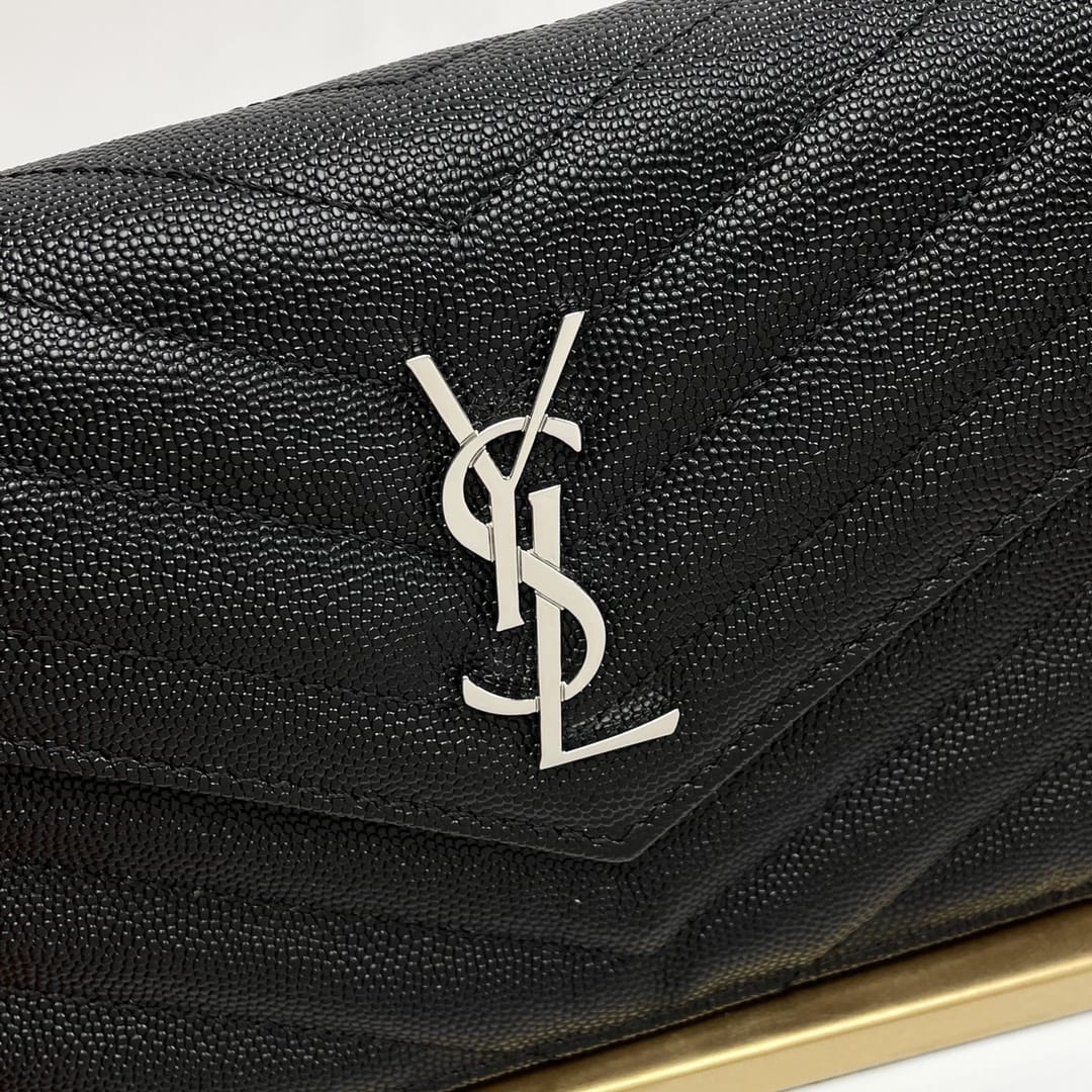 Saint Laurent Cassandre Envelope Chain Wallet In Grain De Poudre Leather - Black & Silver