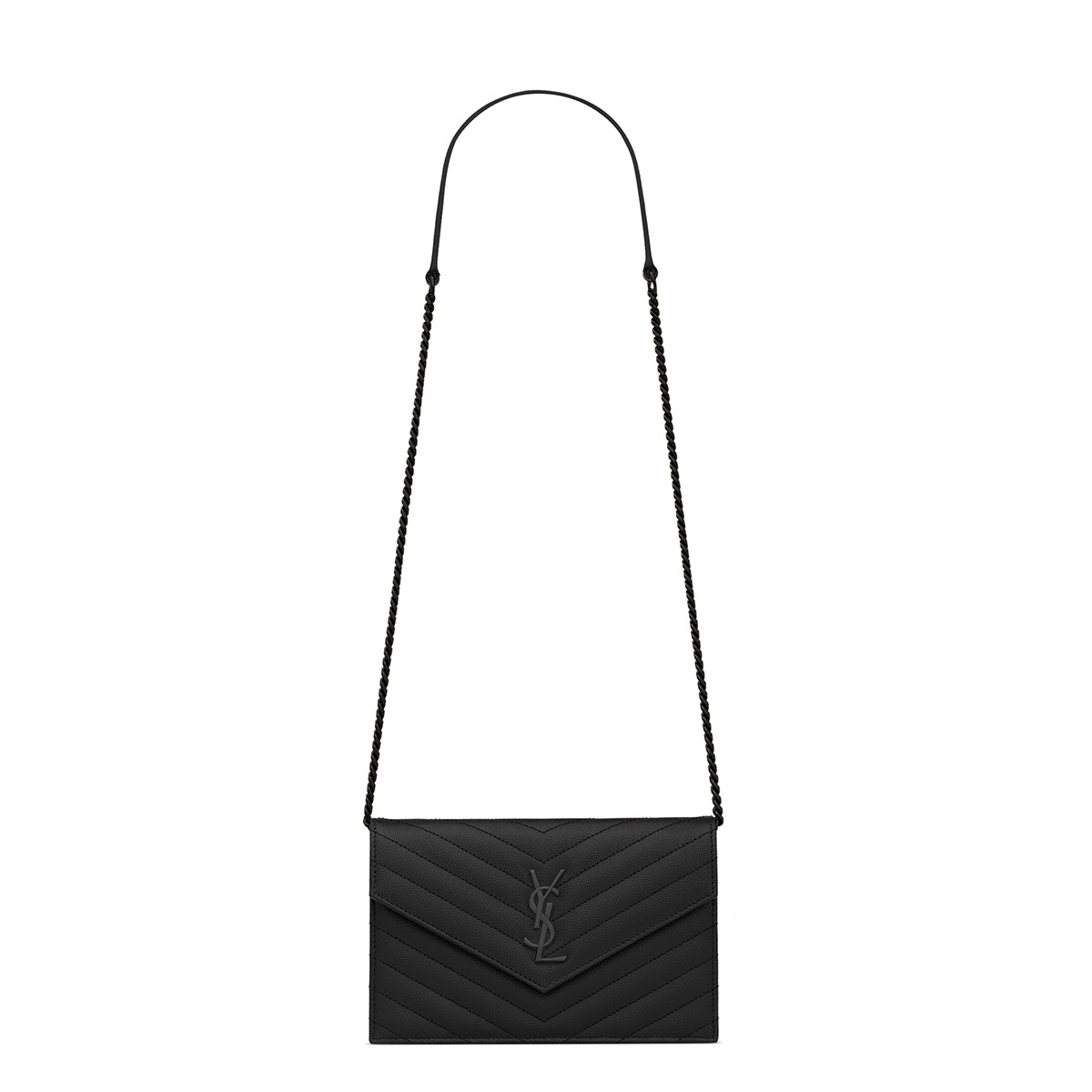 Saint Laurent Cassandre Envelope Chain Wallet In Grain De Poudre Leather - So Black