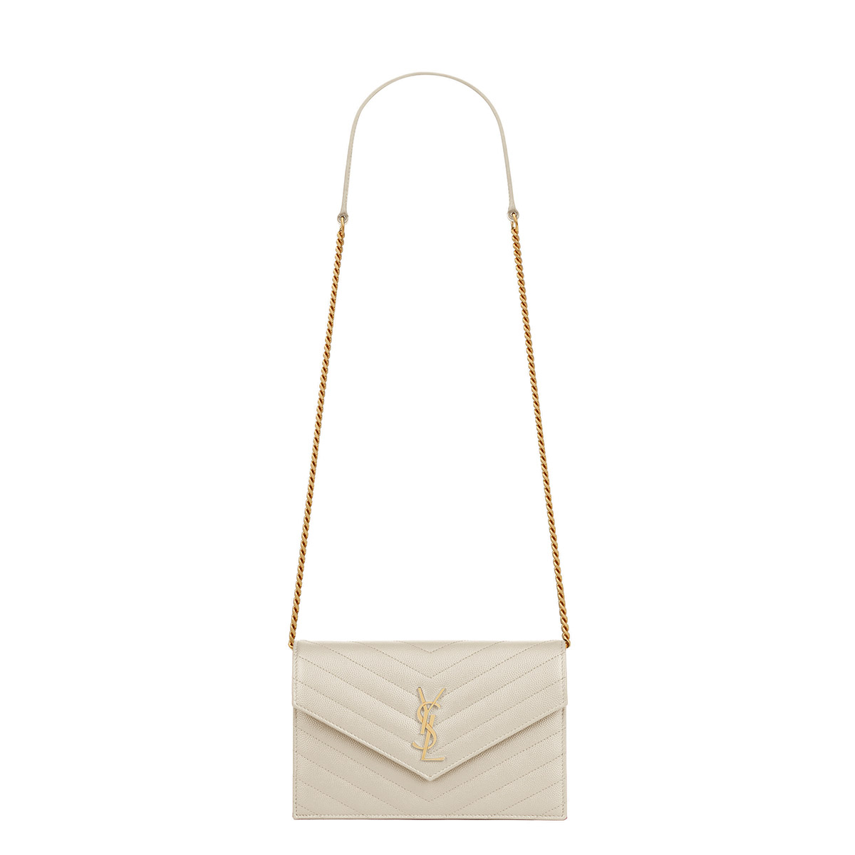 Saint Laurent Cassandre Envelope Chain Wallet In Grain De Poudre Leather - White & Gold