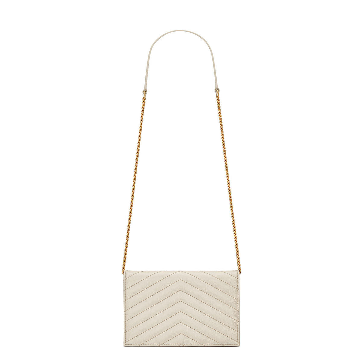 Saint Laurent Cassandre Envelope Chain Wallet In Grain De Poudre Leather - White & Gold