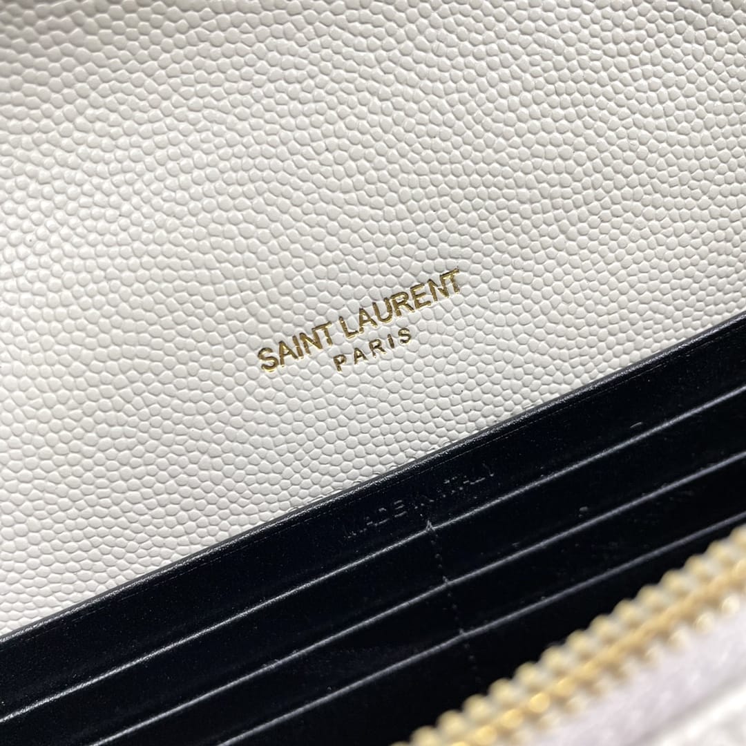 Saint Laurent Cassandre Envelope Chain Wallet In Grain De Poudre Leather - White & Gold