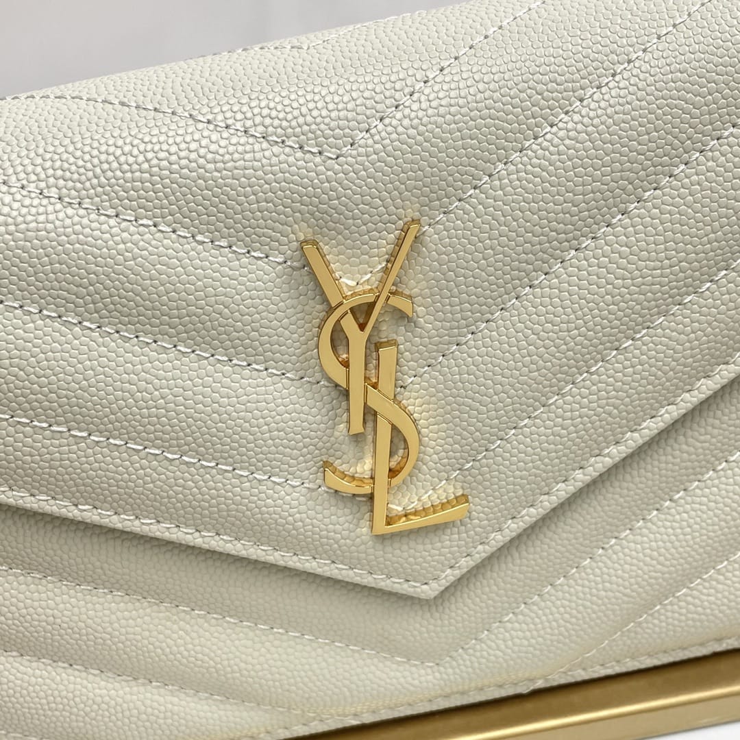 Saint Laurent Cassandre Envelope Chain Wallet In Grain De Poudre Leather - White & Gold