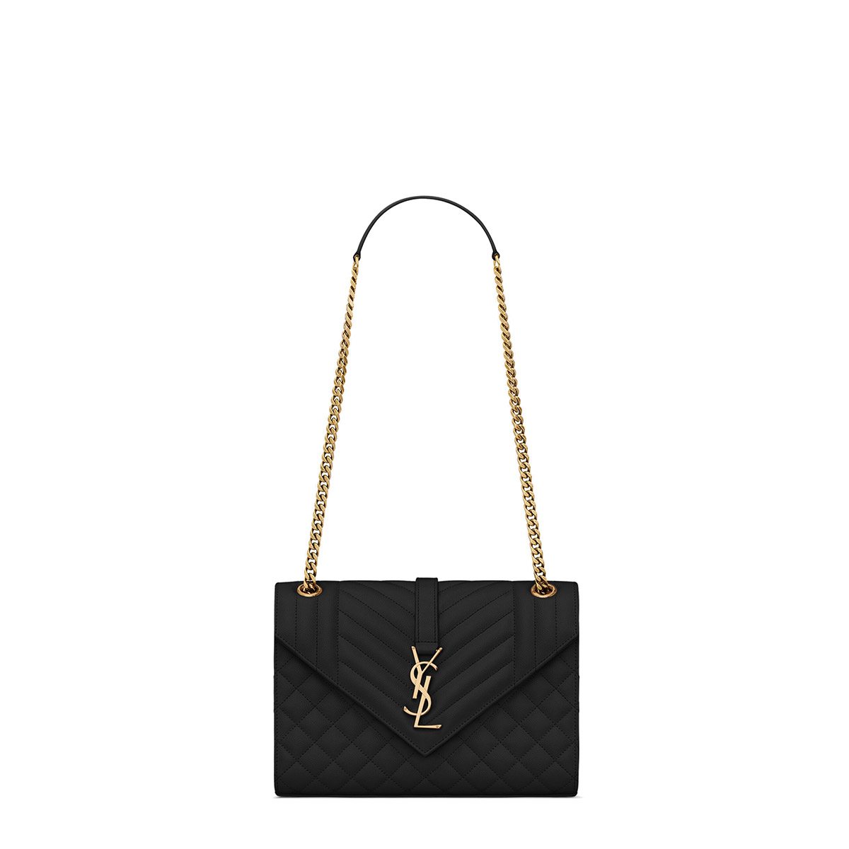 Saint Laurent Envelope Medium Shoulder Bag In Quilted Grain De Poudre Embossed Leather - Black & Gold