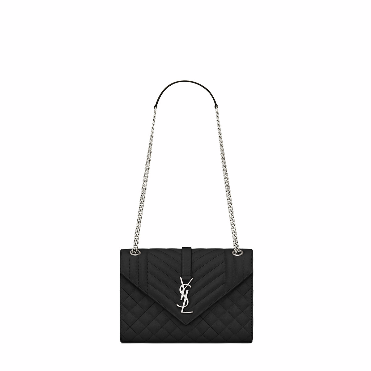 Saint Laurent Envelope Medium Shoulder Bag In Quilted Grain De Poudre Embossed Leather - Black & Silver