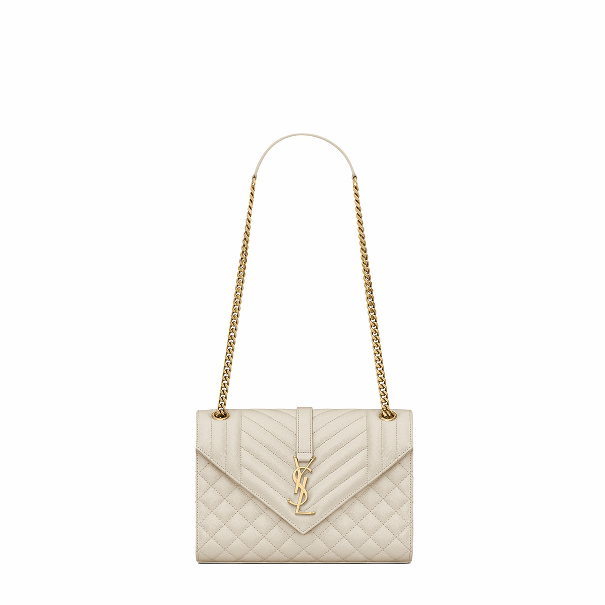 Saint Laurent Envelope Medium Shoulder Bag In Quilted Grain De Poudre Embossed Leather - White & Gold