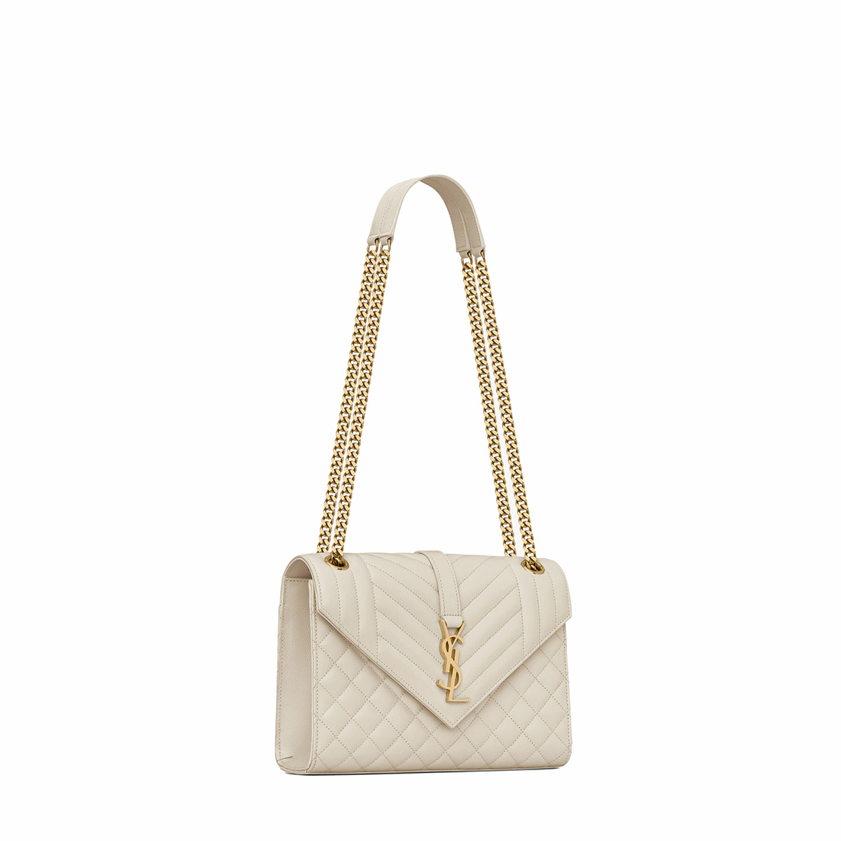 Saint Laurent Envelope Medium Shoulder Bag In Quilted Grain De Poudre Embossed Leather - White & Gold