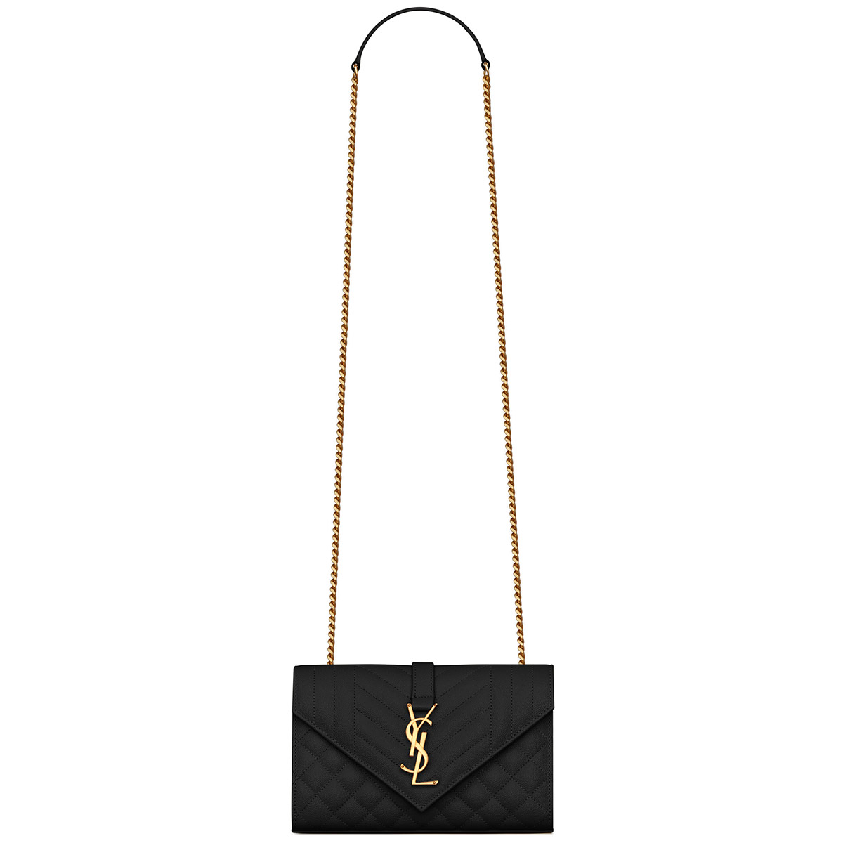 Saint Laurent Envelope Small Shoulder Bag In Quilted Grain De Poudre Embossed Leather - Black & Gold