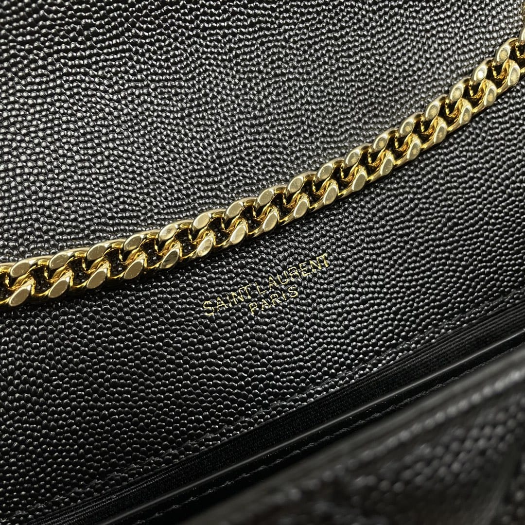 Saint Laurent Envelope Small Shoulder Bag In Quilted Grain De Poudre Embossed Leather - Black & Gold