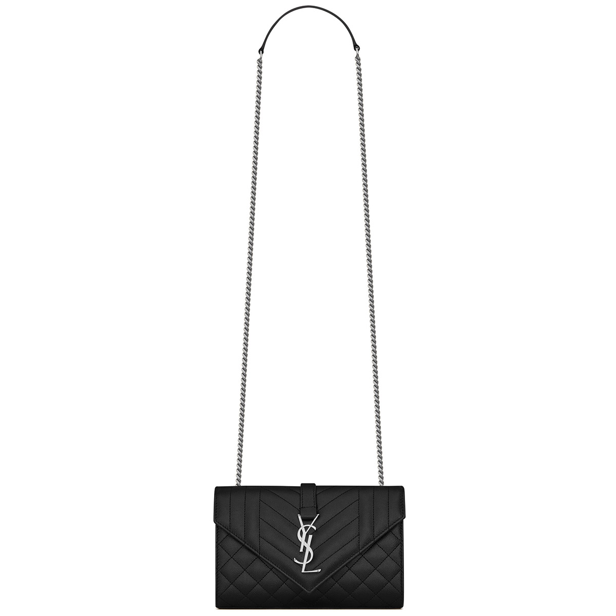 Saint Laurent Envelope Small Shoulder Bag In Quilted Grain De Poudre Embossed Leather - Black & Silver