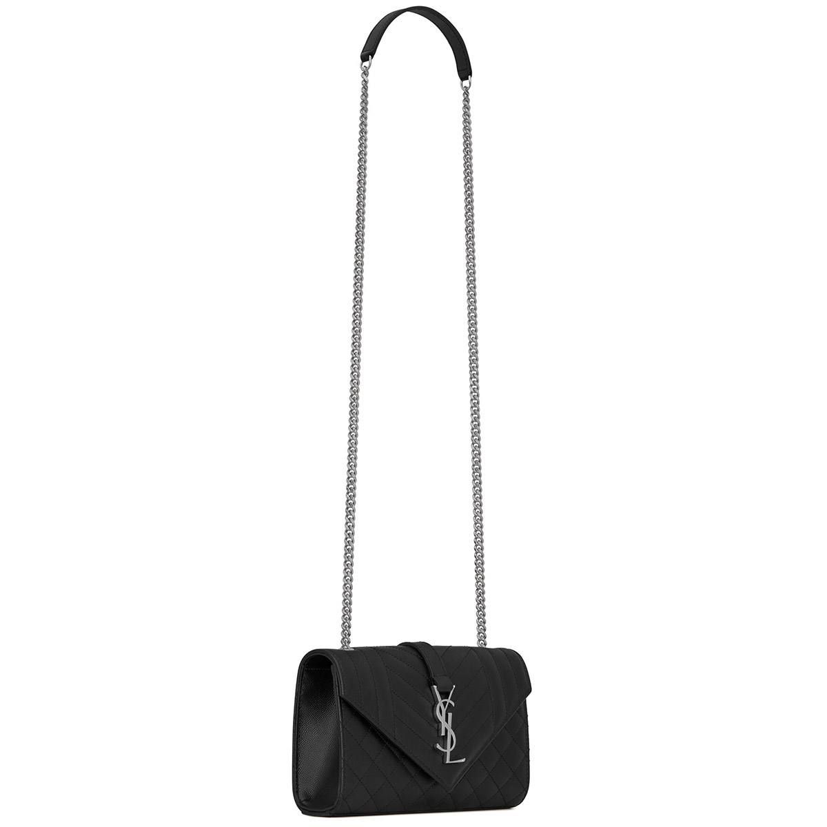 Saint Laurent Envelope Small Shoulder Bag In Quilted Grain De Poudre Embossed Leather - Black & Silver