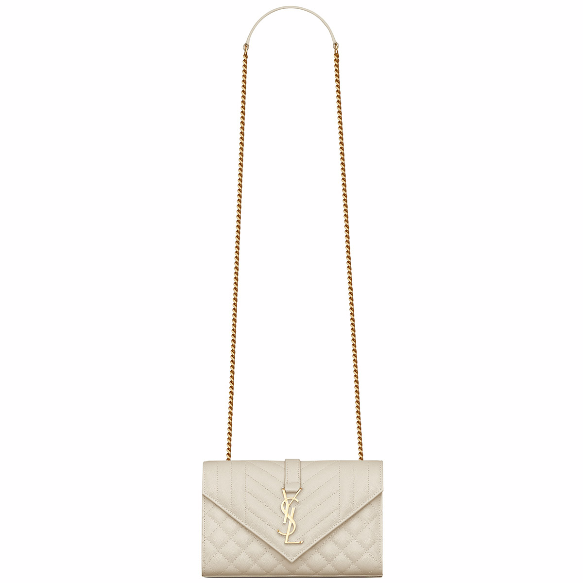 Saint Laurent Envelope Small Shoulder Bag In Quilted Grain De Poudre Embossed Leather - White & Gold