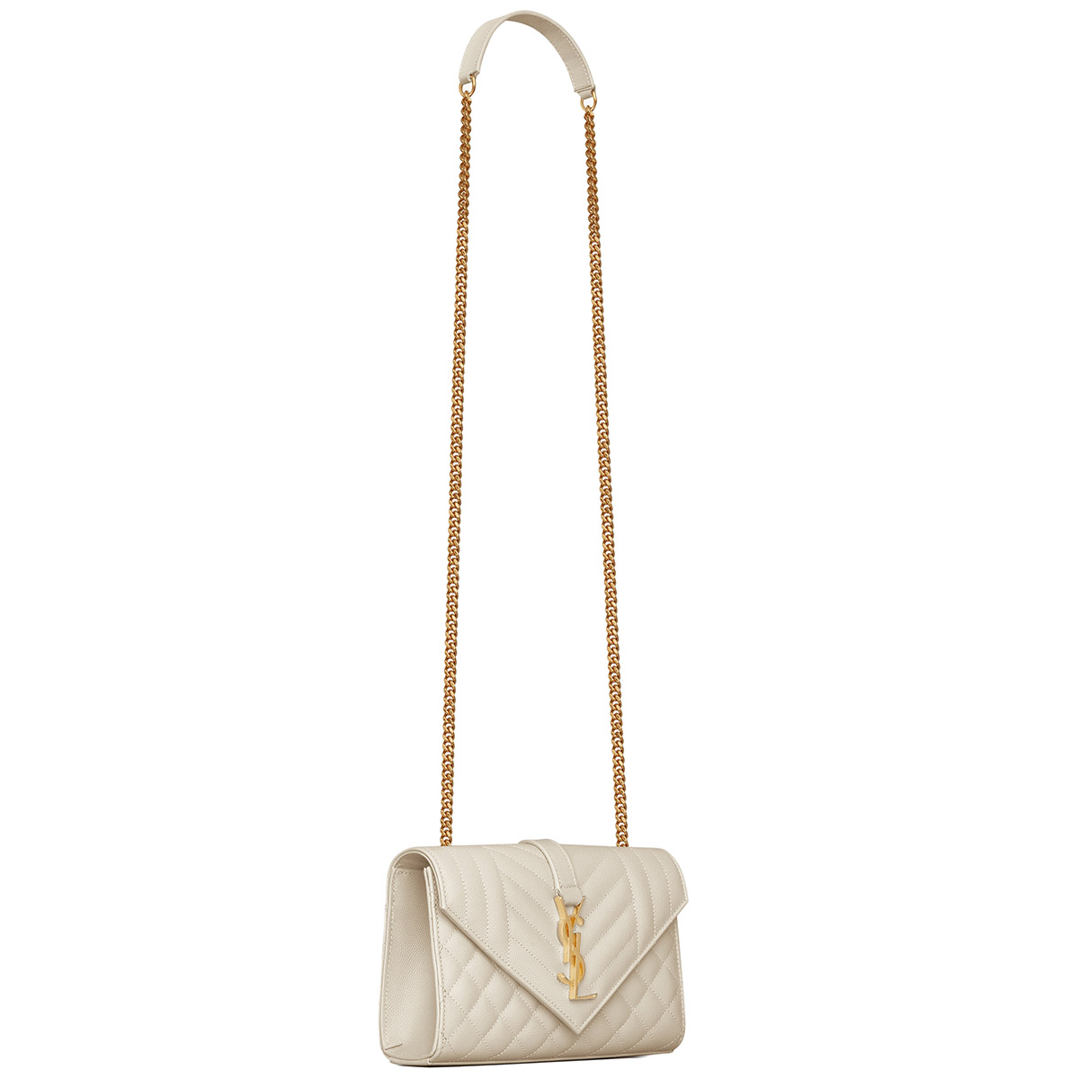 Saint Laurent Envelope Small Shoulder Bag In Quilted Grain De Poudre Embossed Leather - White & Gold