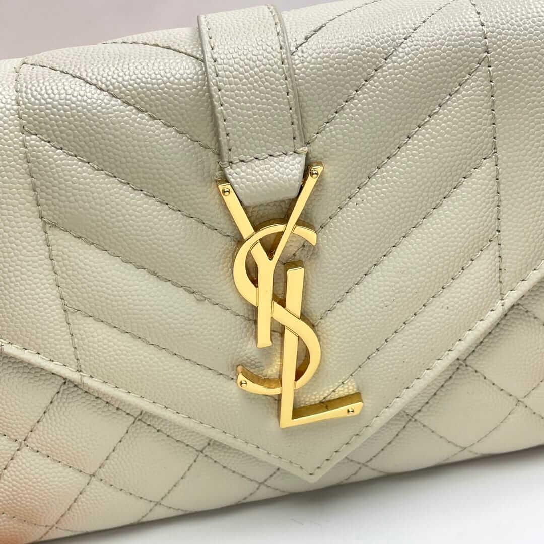 Saint Laurent Envelope Small Shoulder Bag In Quilted Grain De Poudre Embossed Leather - White & Gold