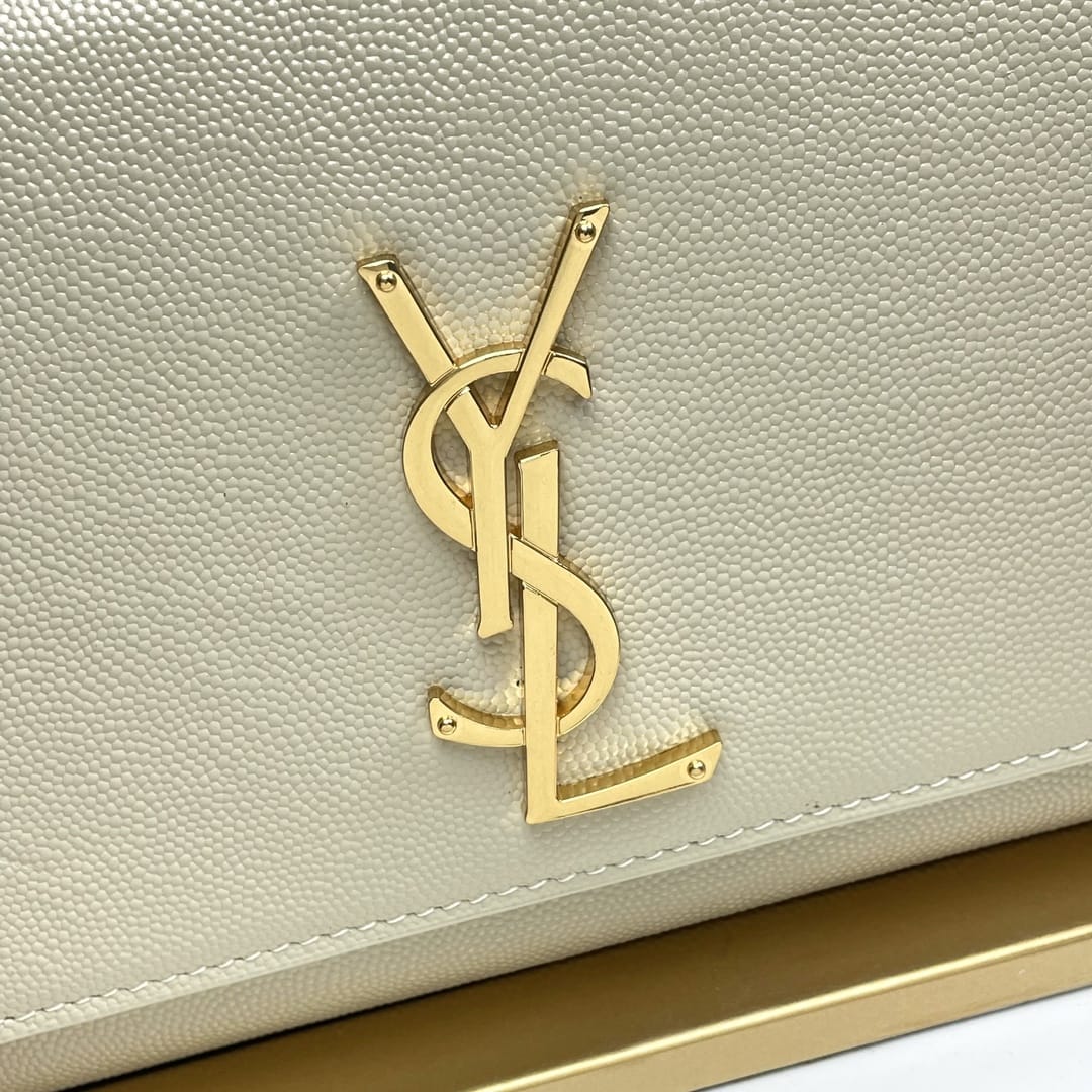 Saint Laurent Kate Medium Crossbody Bag In Grain De Poudre Embossed Leather - White & Gold