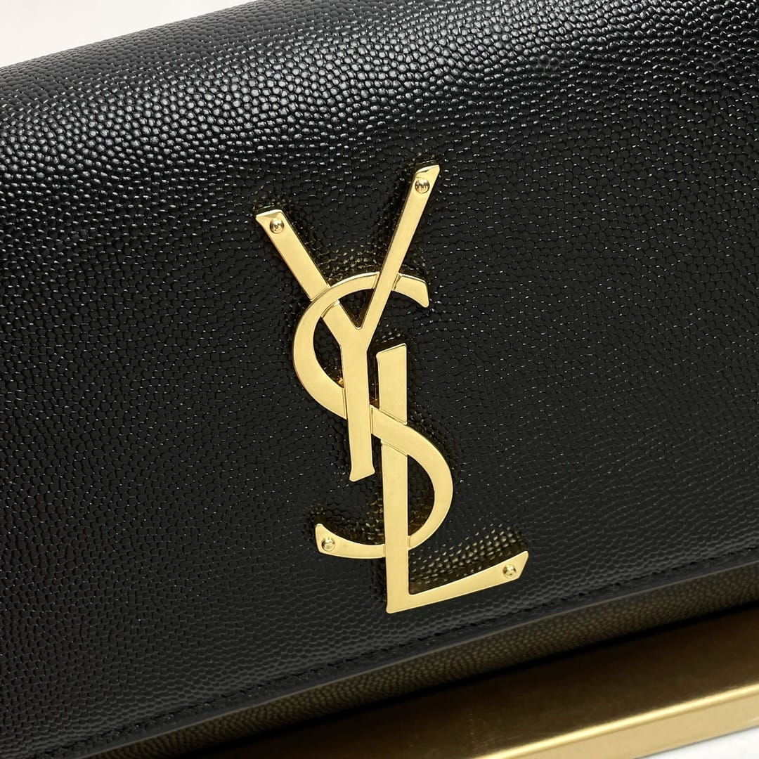 Saint Laurent Kate Small Crossbody Bag In Grain De Poudre Embossed Leather - Black & Gold