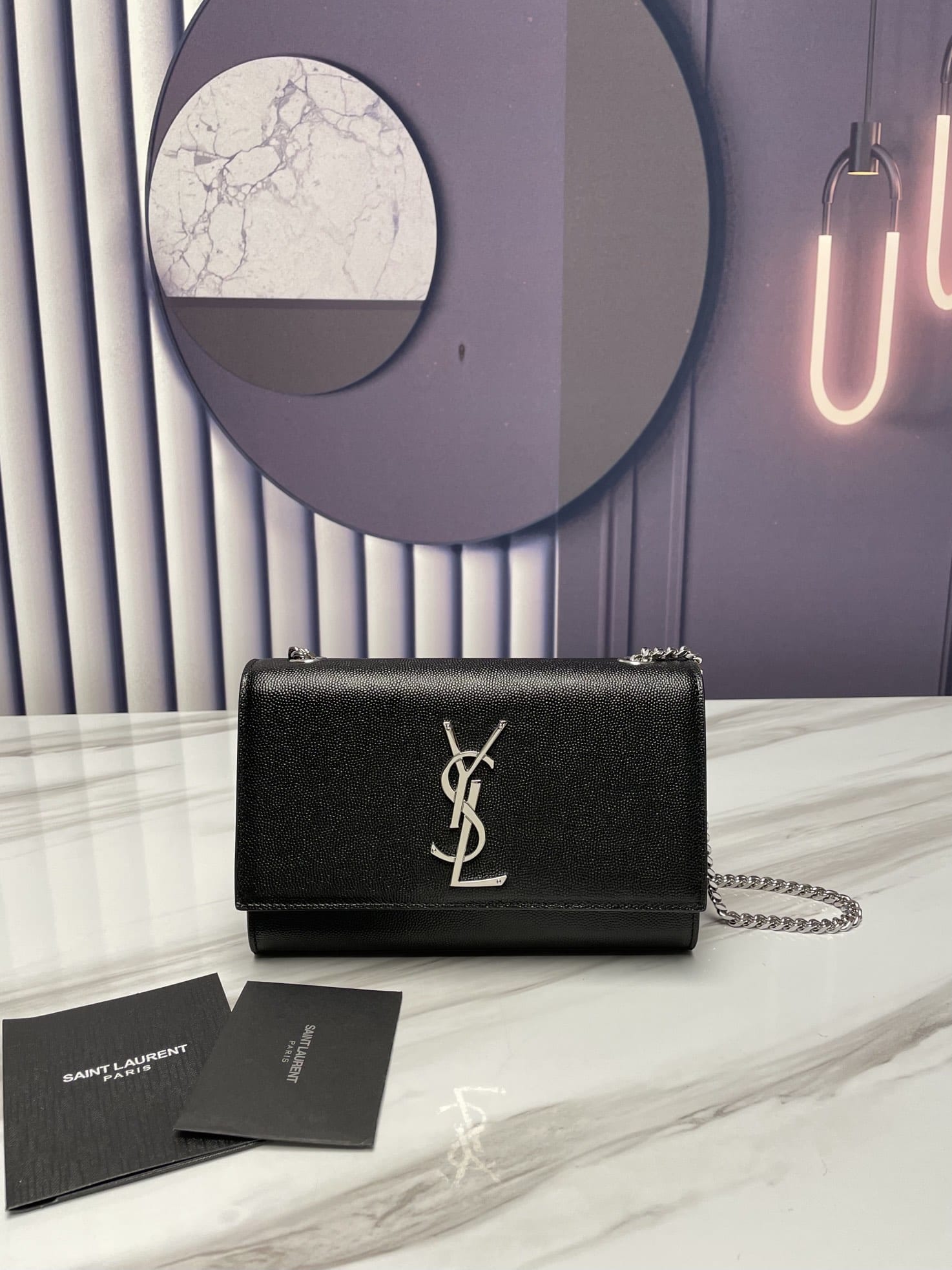 Saint Laurent Kate Small Crossbody Bag In Grain De Poudre Embossed Leather - Black & Silver