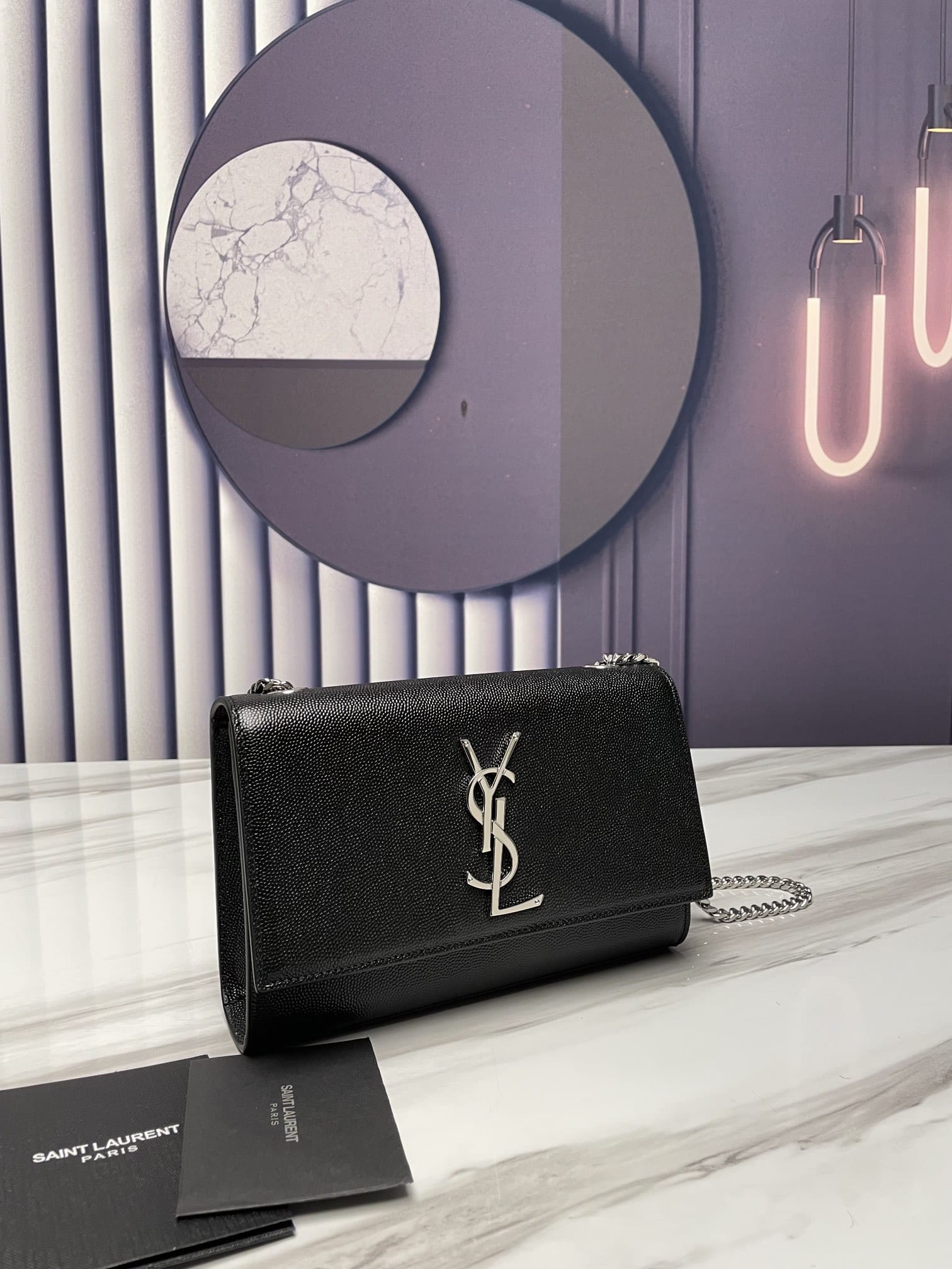 Saint Laurent Kate Small Crossbody Bag In Grain De Poudre Embossed Leather - Black & Silver