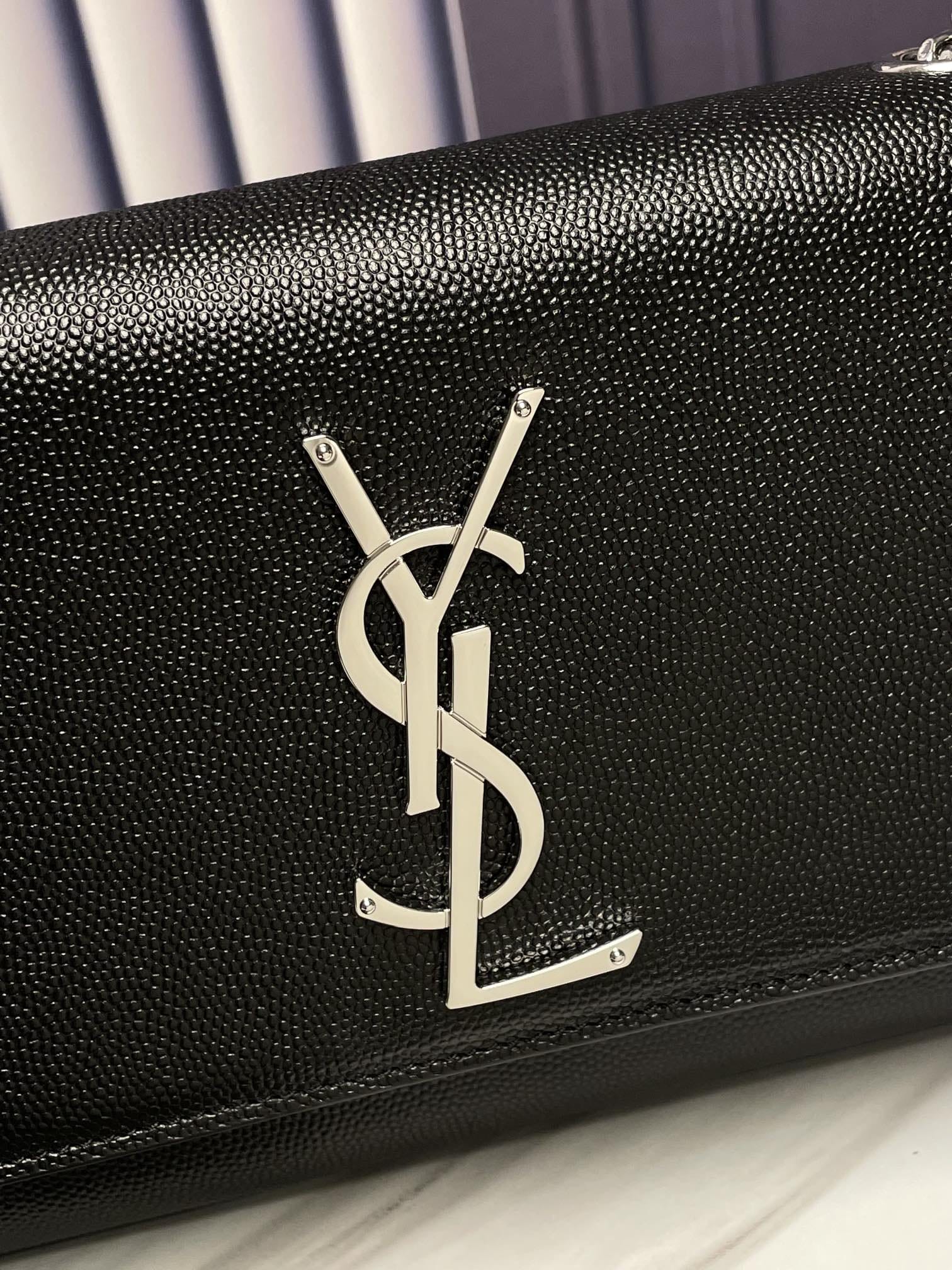 Saint Laurent Kate Small Crossbody Bag In Grain De Poudre Embossed Leather - Black & Silver