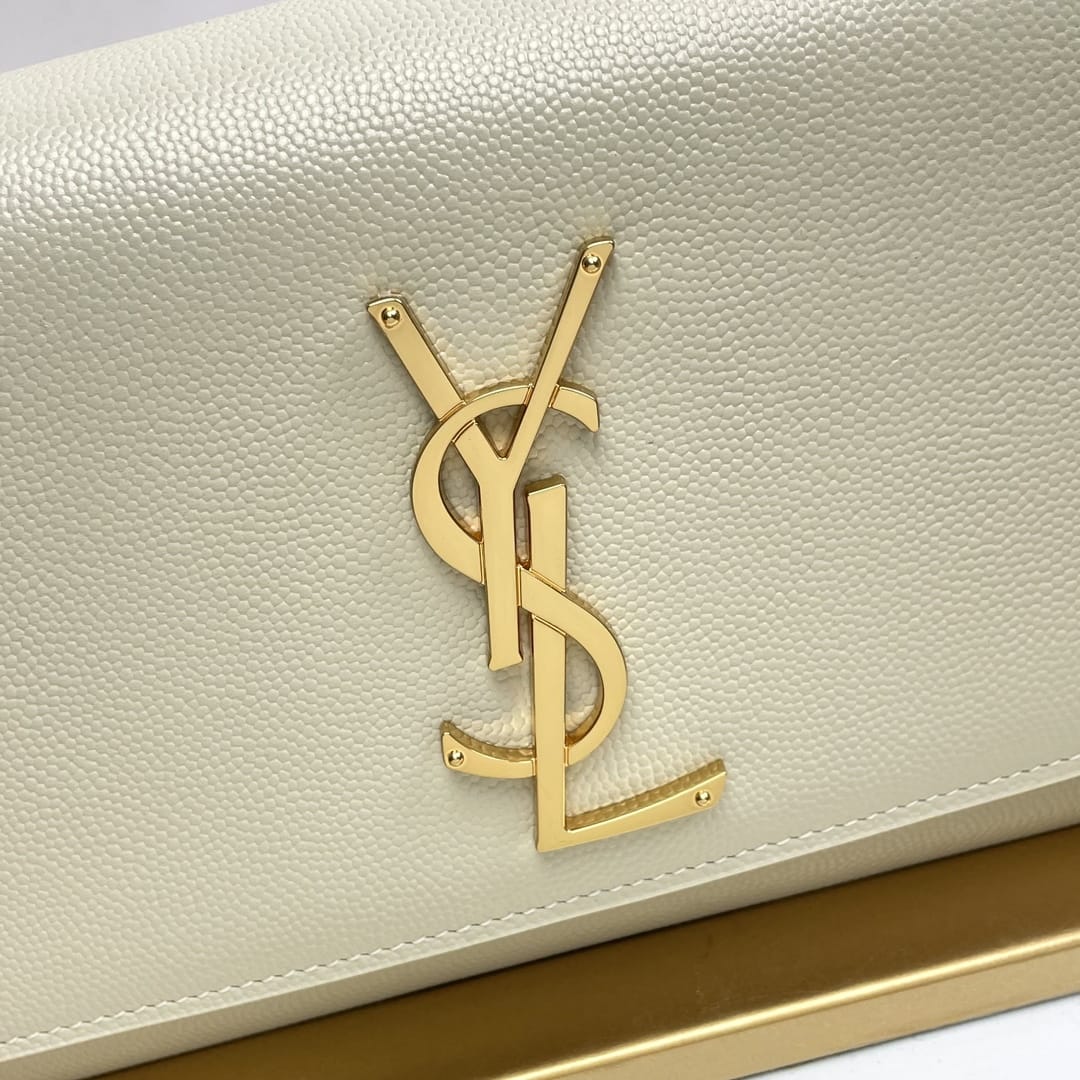 Saint Laurent Kate Small Crossbody Bag In Grain De Poudre Embossed Leather - White & Gold