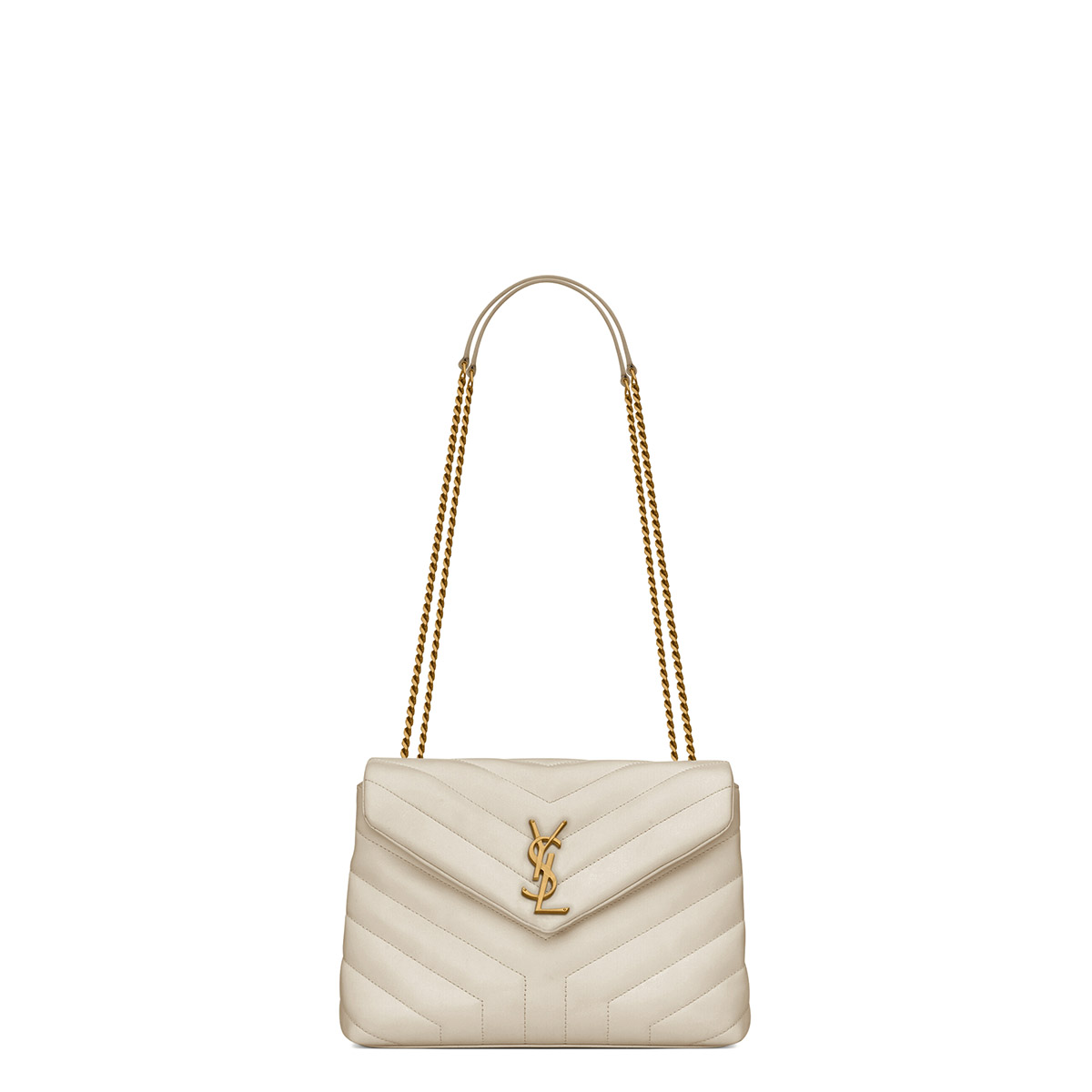 Saint Laurent Loulou Small Crossbody/Shoulder Bag In Quilted Lambskin Leather - White & Gold